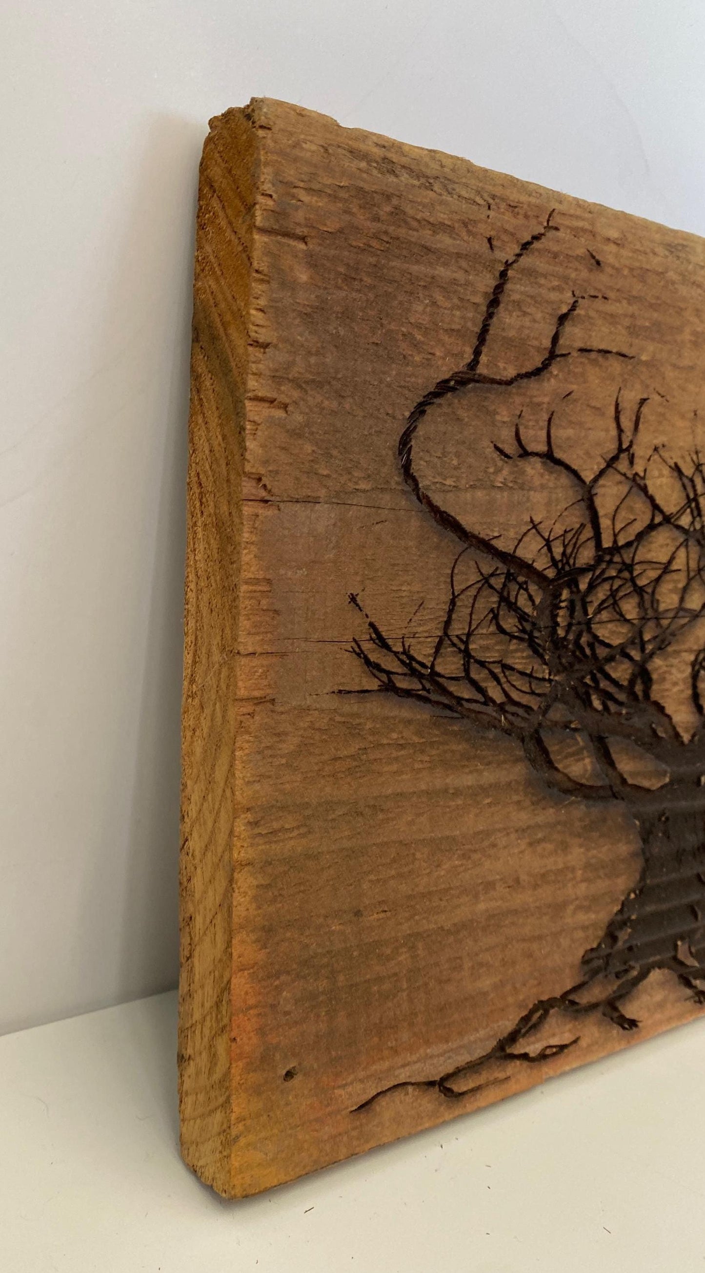 Wall Tree Art Burned Image on Reclaimed Redwood (stand not included) FREE SHIPPING