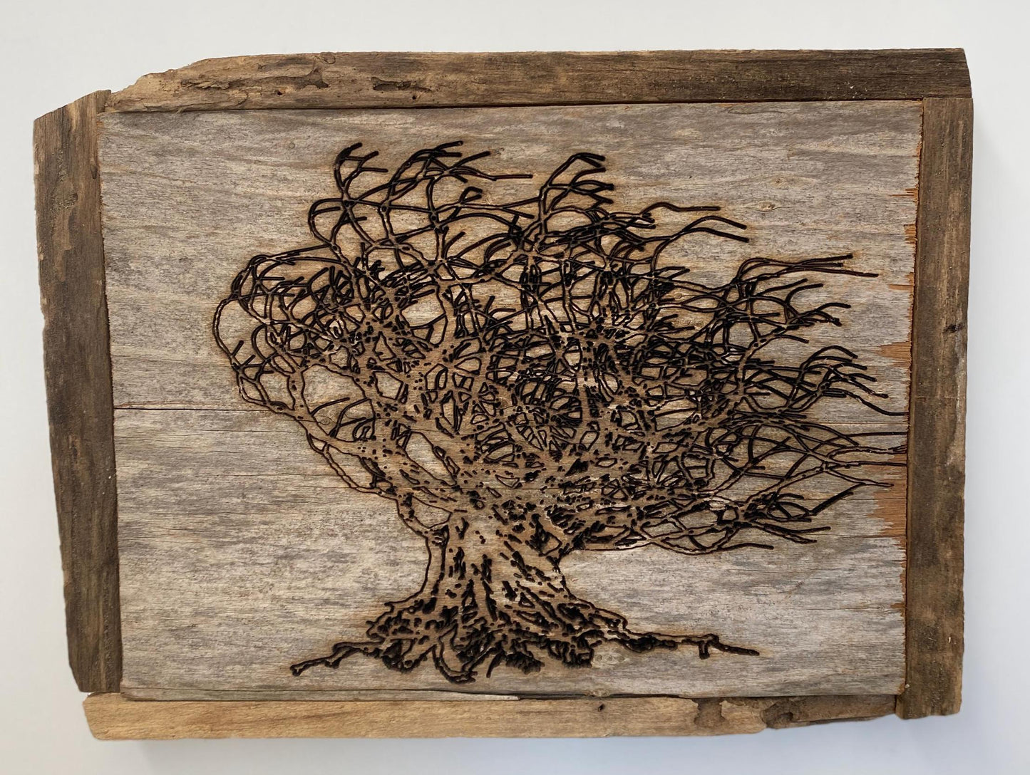 Wall Tree Art Burned Image on Reclaimed Redwood (stand not included) FREE SHIPPING
