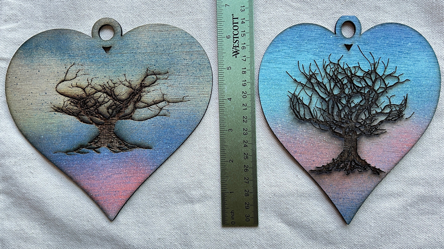 Set of two Heart Shaped Natural Wood Burned Hand Painted Tree Ornament - Rustic Woodland Decoration