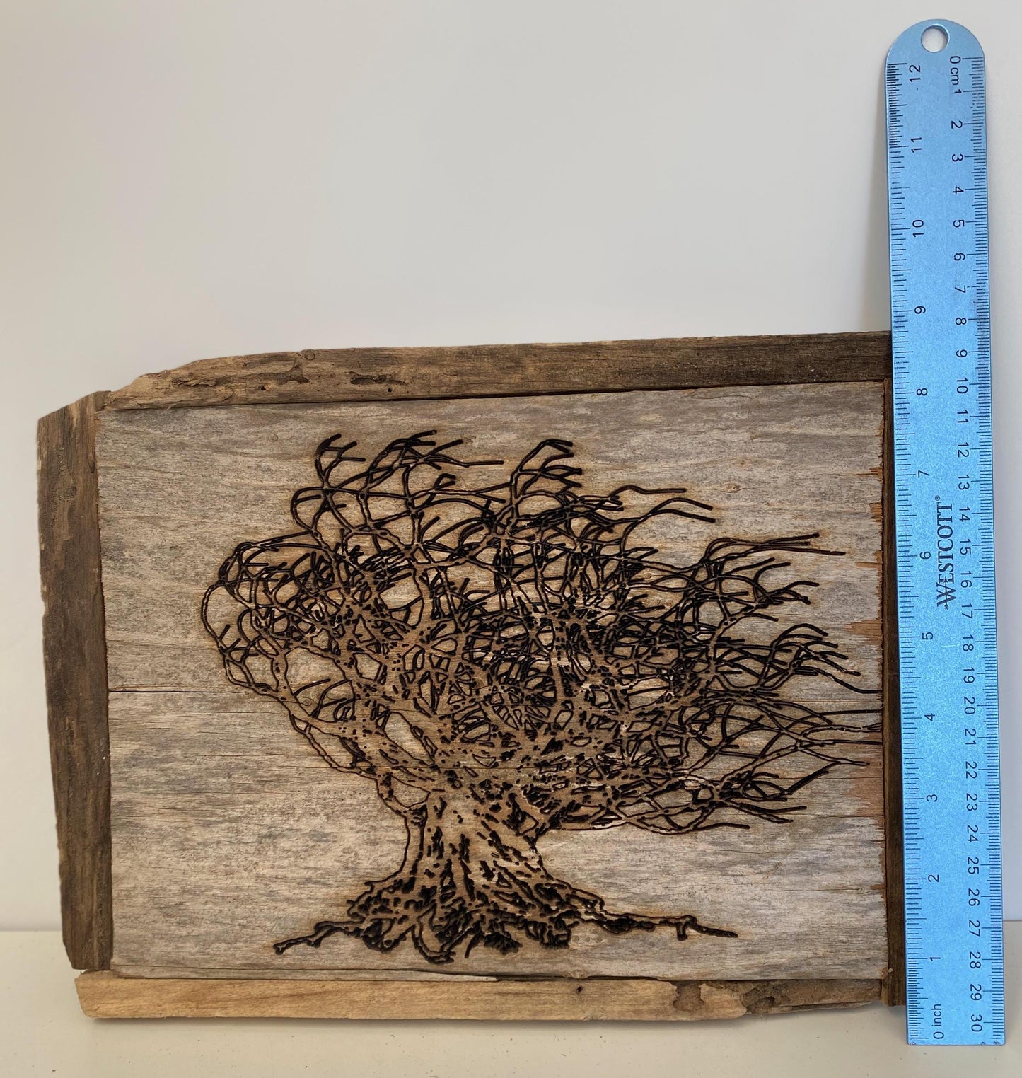 Wall Tree Art Burned Image on Reclaimed Redwood (stand not included) FREE SHIPPING
