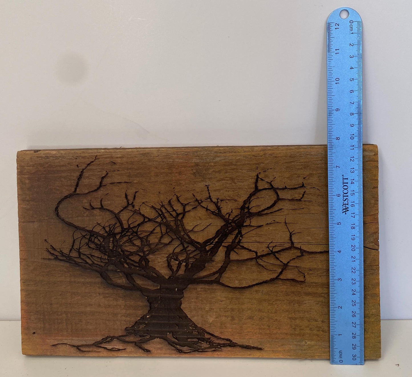 Wall Tree Art Burned Image on Reclaimed Redwood (stand not included) FREE SHIPPING