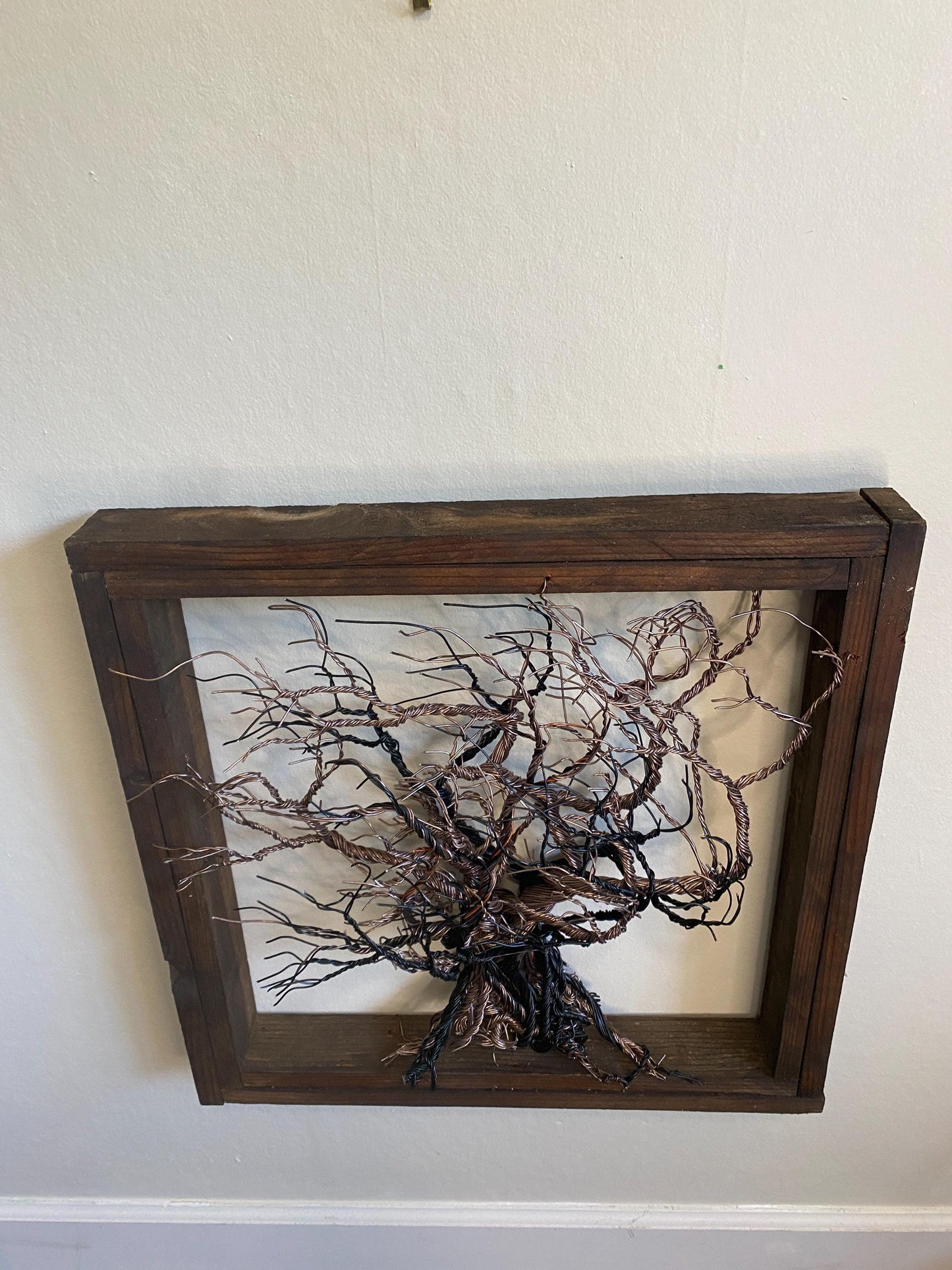 Mixed Wire Wall Tree Art Mounted on an Upcycled Stained Wood Frame - Black / Copper Tones 21.5 in W x 20.5 in FREE SHIPPING