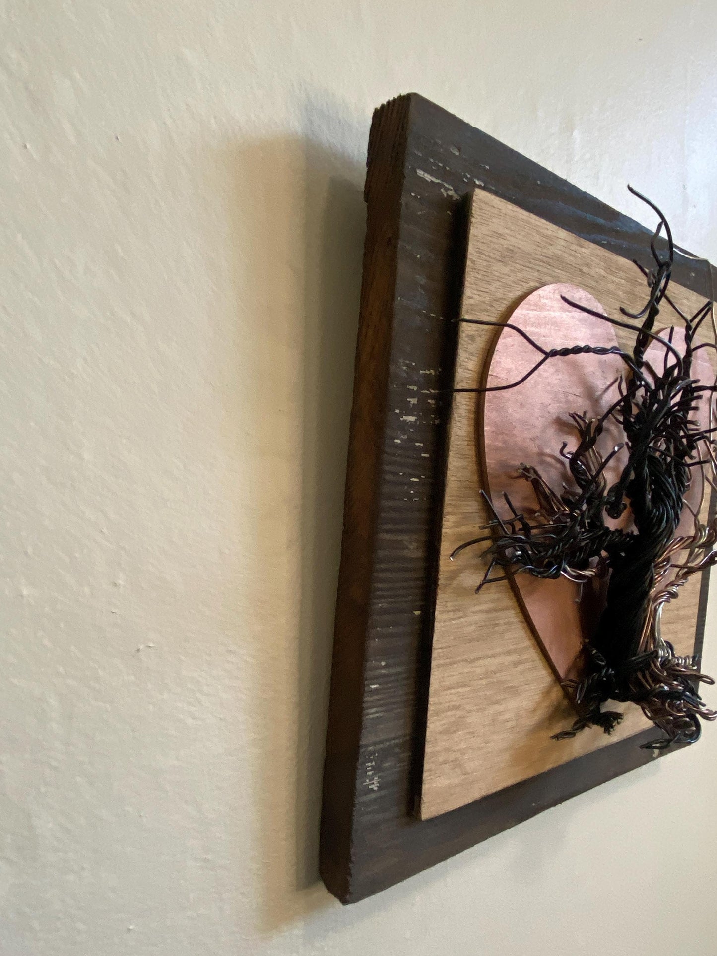 Mixed Wire Wall Tree Art on Upcycled Wood and Mounted on Stained Distressed Wooden Backing - Copper Painted Heart - (stand not included) FREE SHIPPING