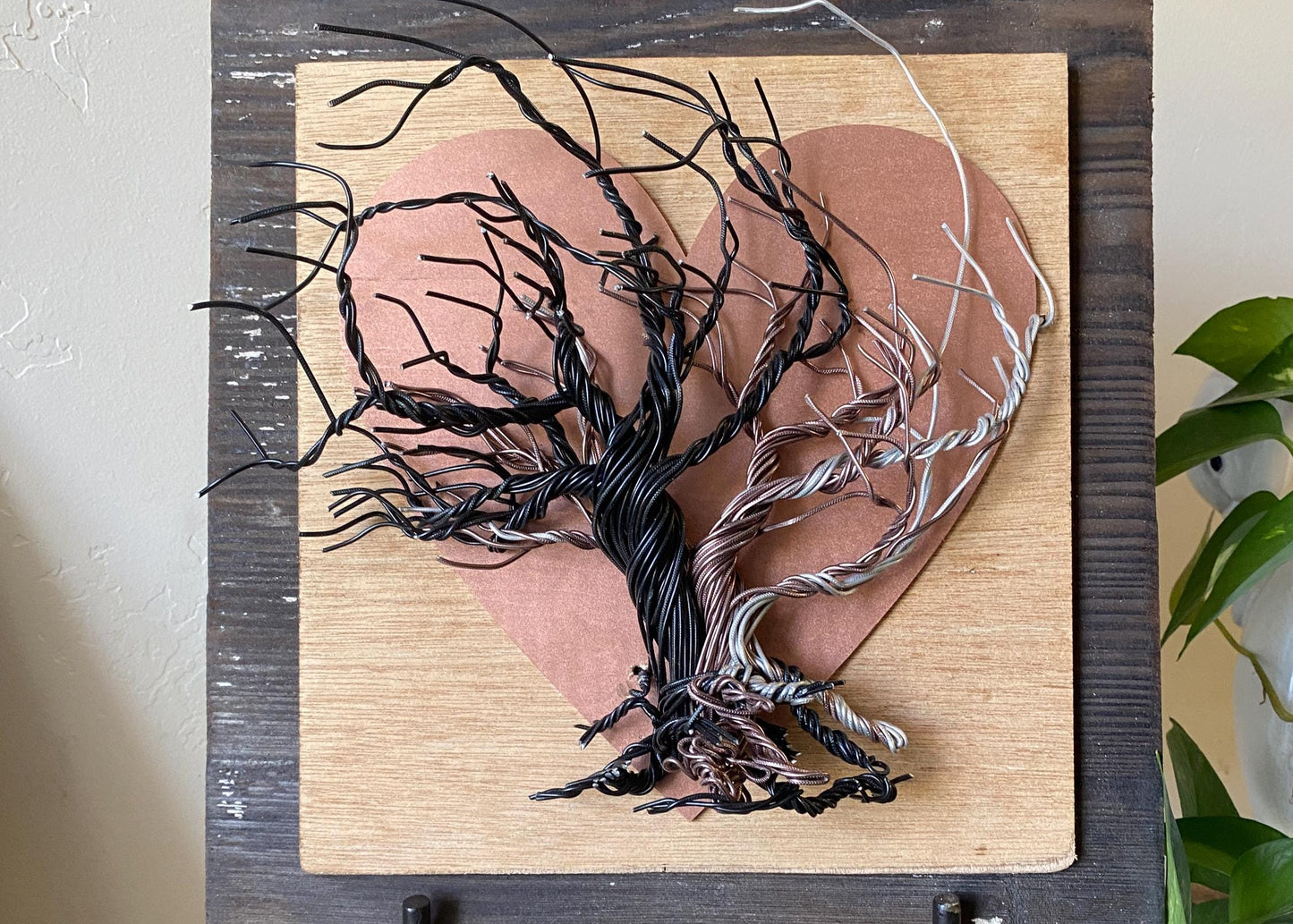 Mixed Wire Wall Tree Art on Upcycled Wood and Mounted on Stained Distressed Wooden Backing - Copper Painted Heart - (stand not included) FREE SHIPPING
