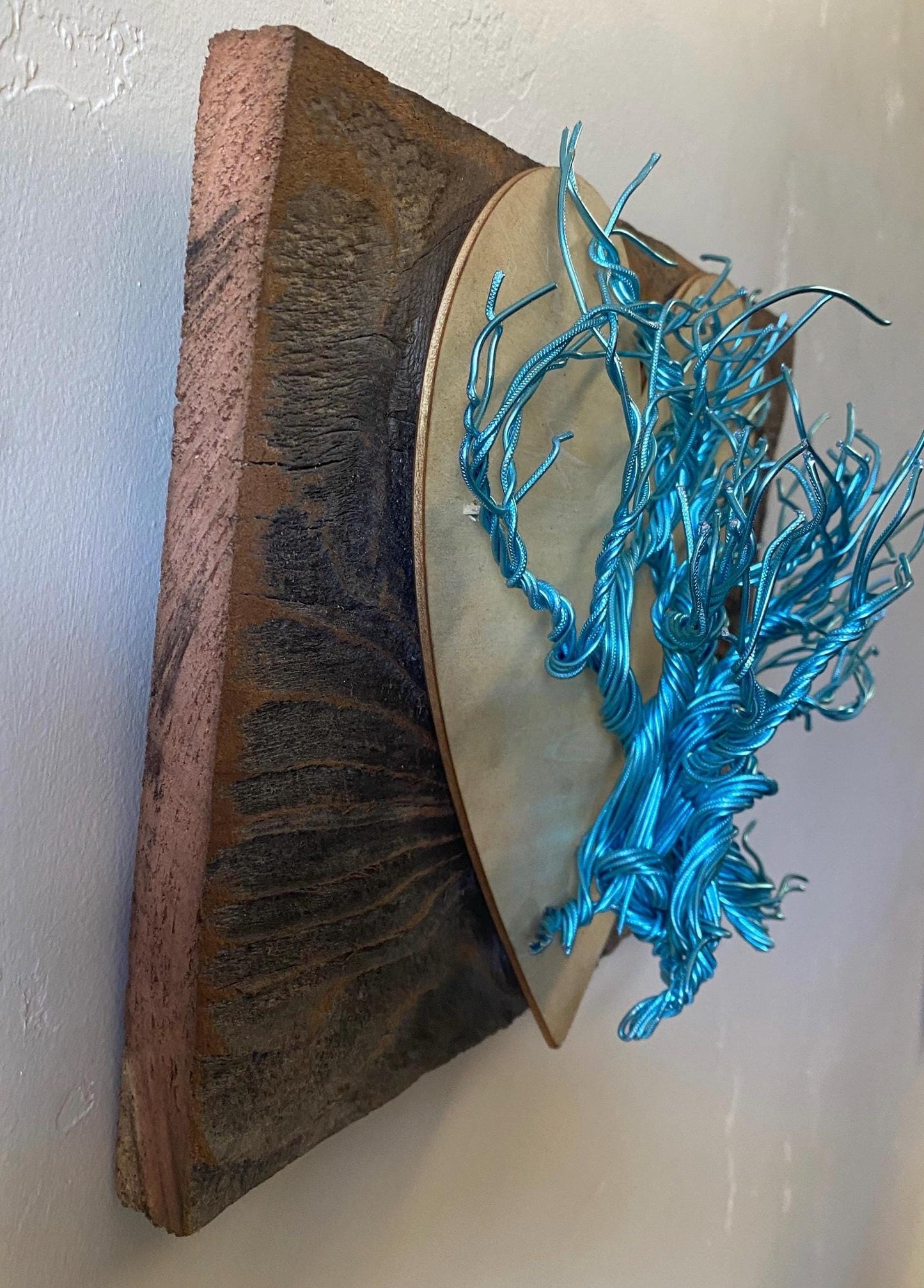 Abstract Metal Sculpture Wall Art Industrial Whimsical Wire Mounted on Stained Distressed Wooden Backing (stand not included) FREE SHIPPING