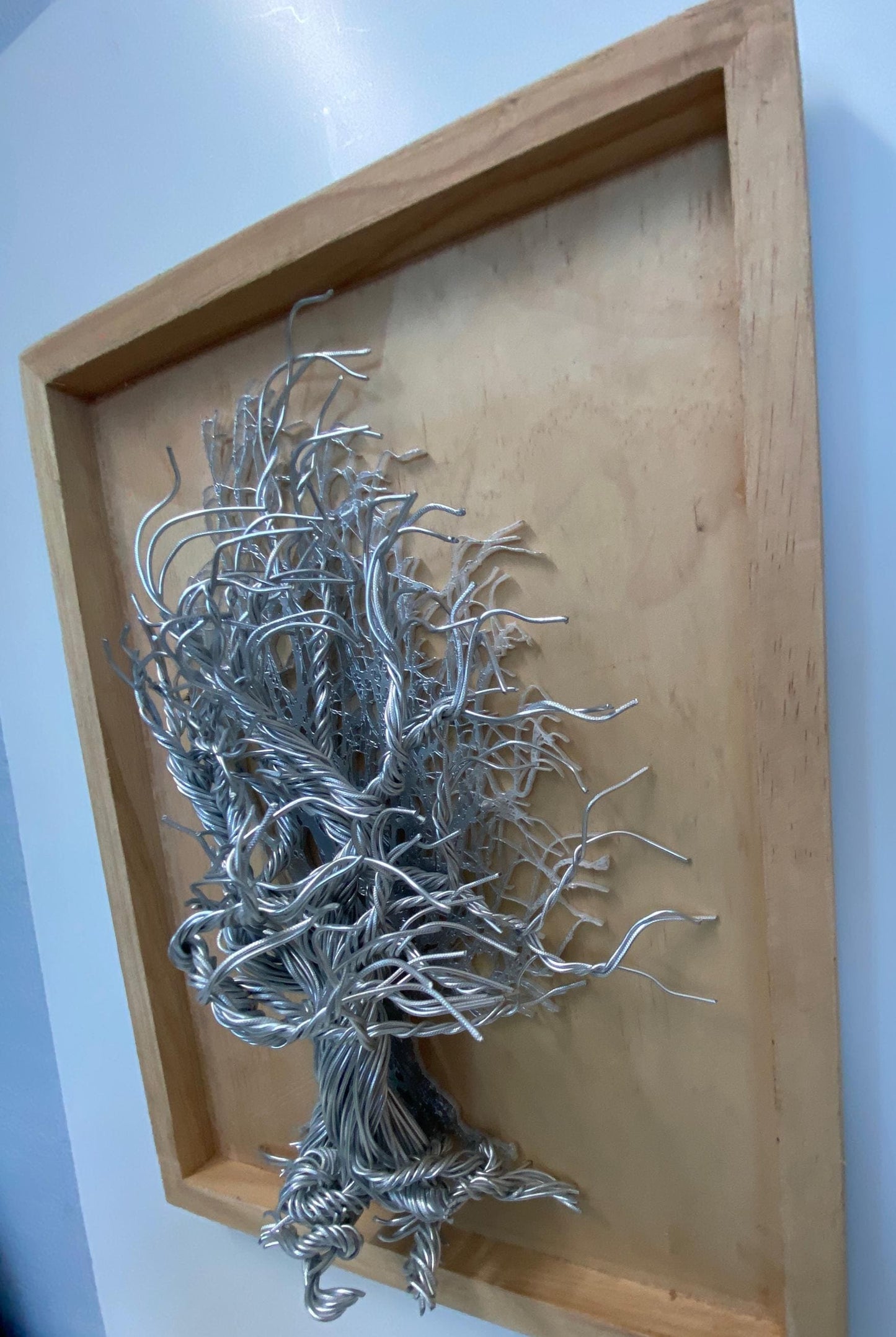 Mixed Wire Wall Tree Art on Wooden Backing/Frame - Silver Light Wood Tones FREE SHIPPING