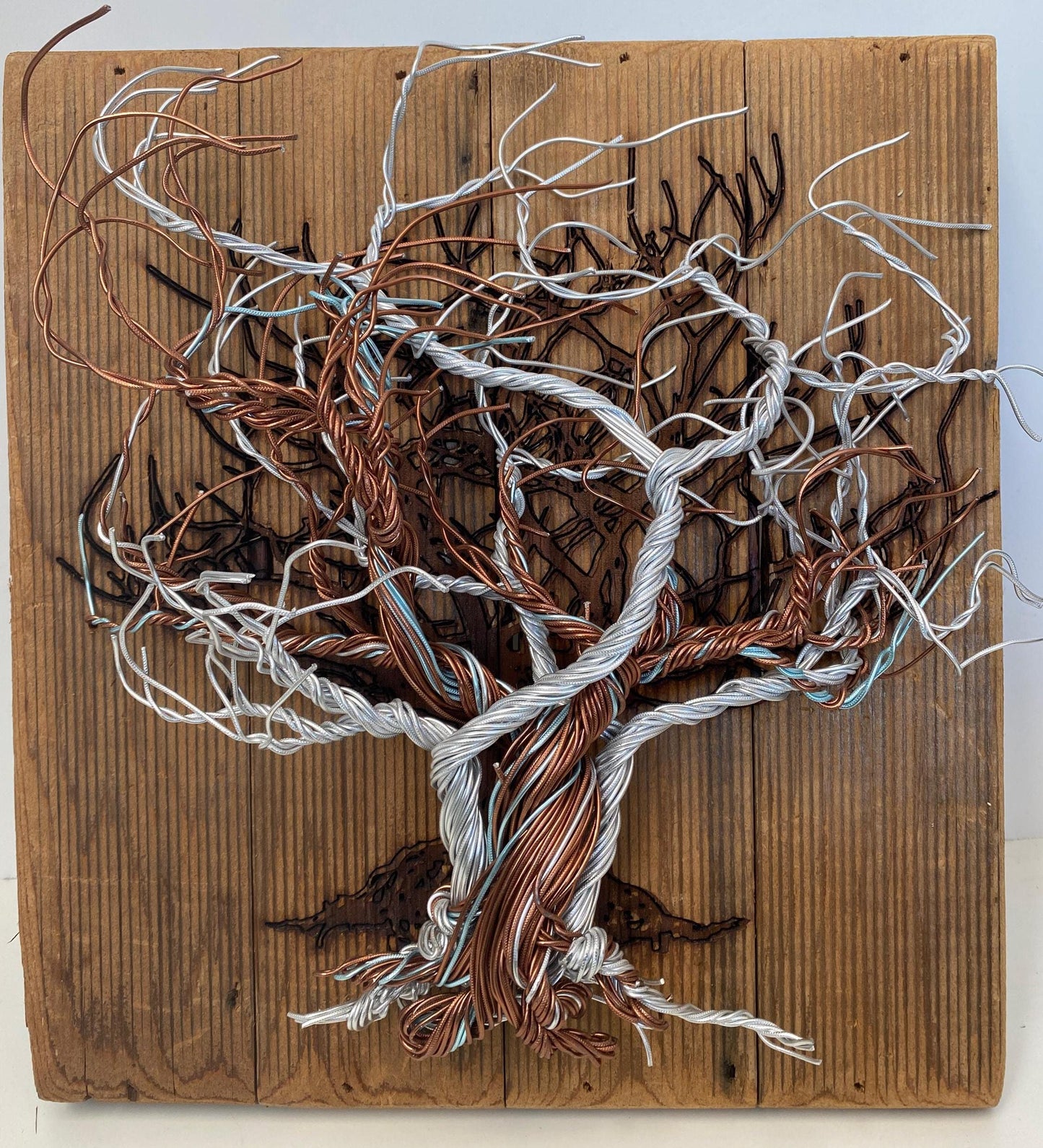 Mixed Wire Wall Tree Art on Upcycled Stained Wood Backing - Silver / Copper Tones (stand not included) FREE SHIPPING