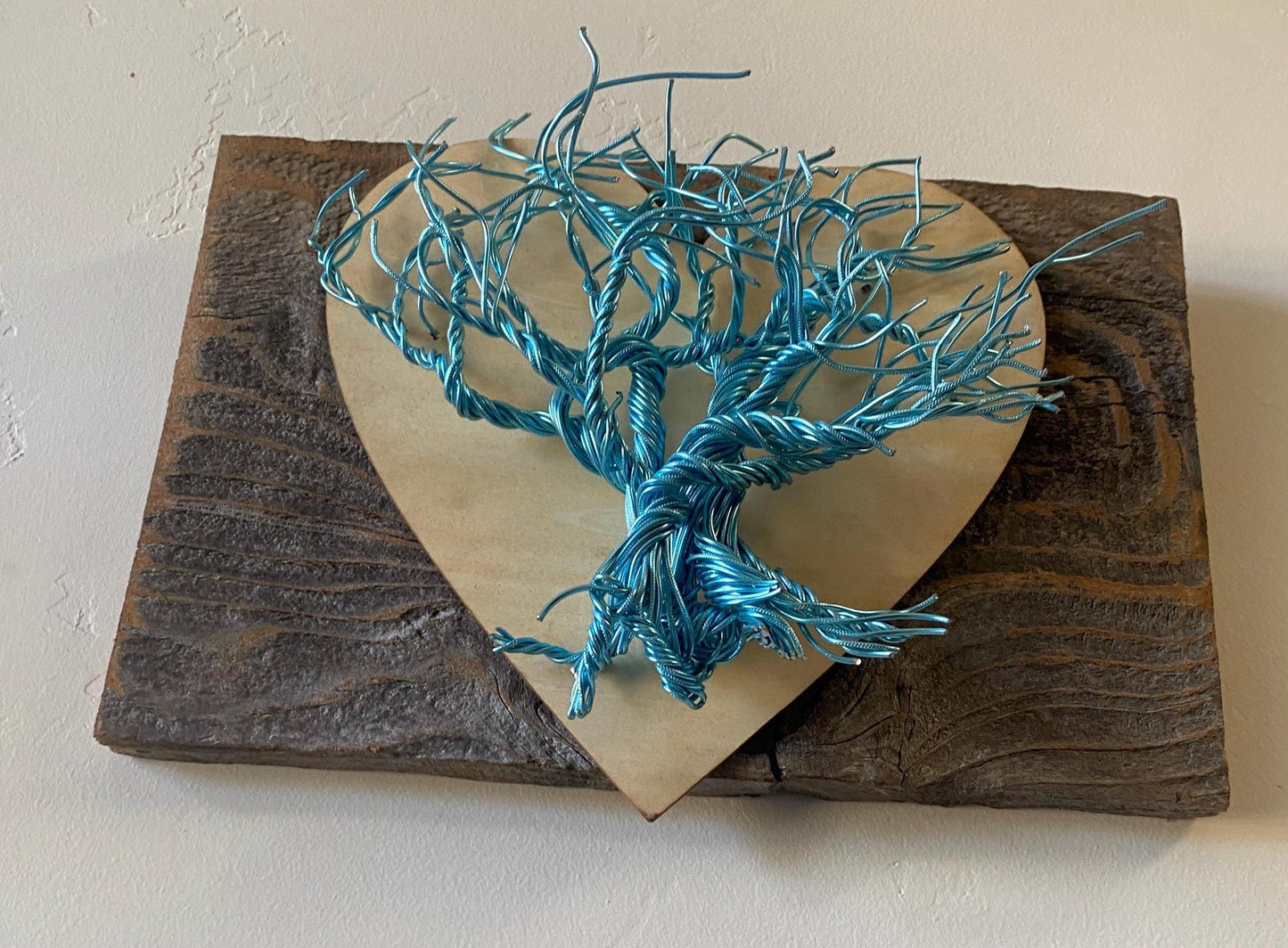 Abstract Metal Sculpture Wall Art Industrial Whimsical Wire Mounted on Stained Distressed Wooden Backing (stand not included) FREE SHIPPING