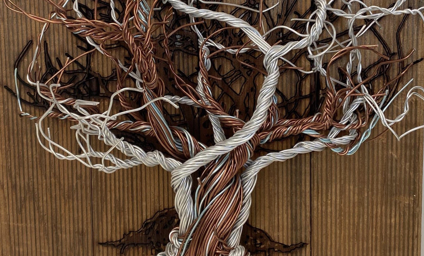 Mixed Wire Wall Tree Art on Upcycled Stained Wood Backing - Silver / Copper Tones (stand not included) FREE SHIPPING