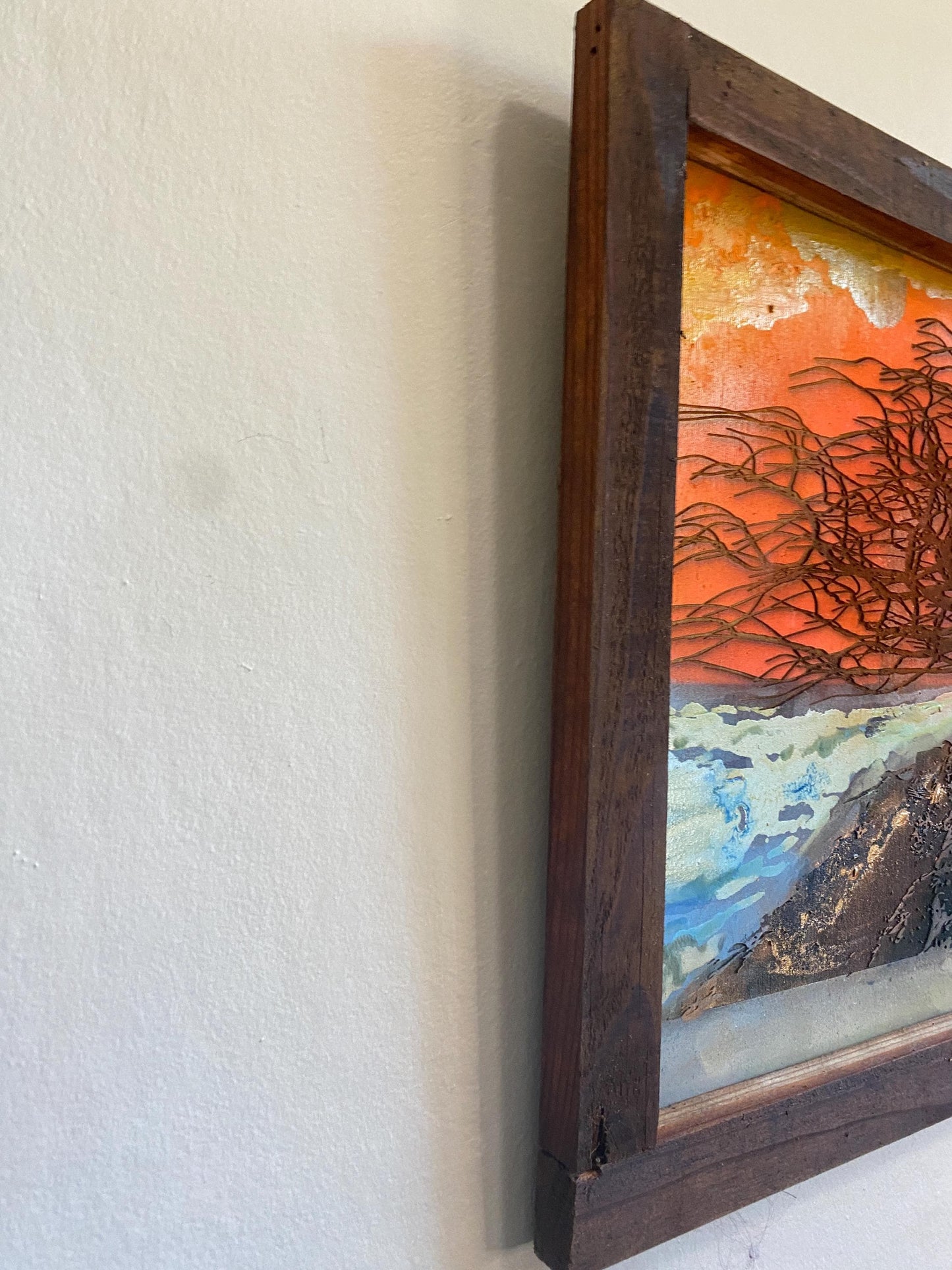 Coastal Tree Burned onto an Upcycled Painted Wood Backing within a Handcrafted Wood Frame, Fiery sunset colors, beach 25 in. W x 17.5 in. H FREE SHIPPING