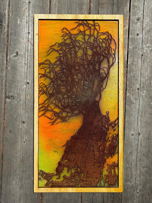Tree on Cliff Wall Art on Wooden Backing/Frame - Fiery Sunset FREE SHIPPING
