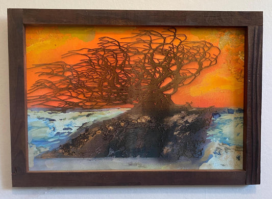 Coastal Tree Burned onto an Upcycled Painted Wood Backing within a Handcrafted Wood Frame, Fiery sunset colors, beach 25 in. W x 17.5 in. H FREE SHIPPING