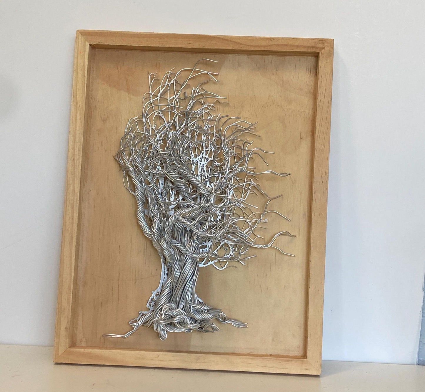 Mixed Wire Wall Tree Art on Wooden Backing/Frame - Silver Light Wood Tones FREE SHIPPING