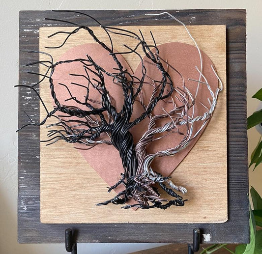 Mixed Wire Wall Tree Art on Upcycled Wood and Mounted on Stained Distressed Wooden Backing - Copper Painted Heart - (stand not included) FREE SHIPPING