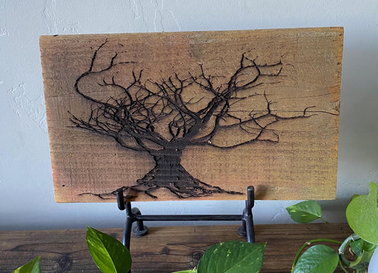 Wall Tree Art Burned Image on Reclaimed Redwood (stand not included) FREE SHIPPING