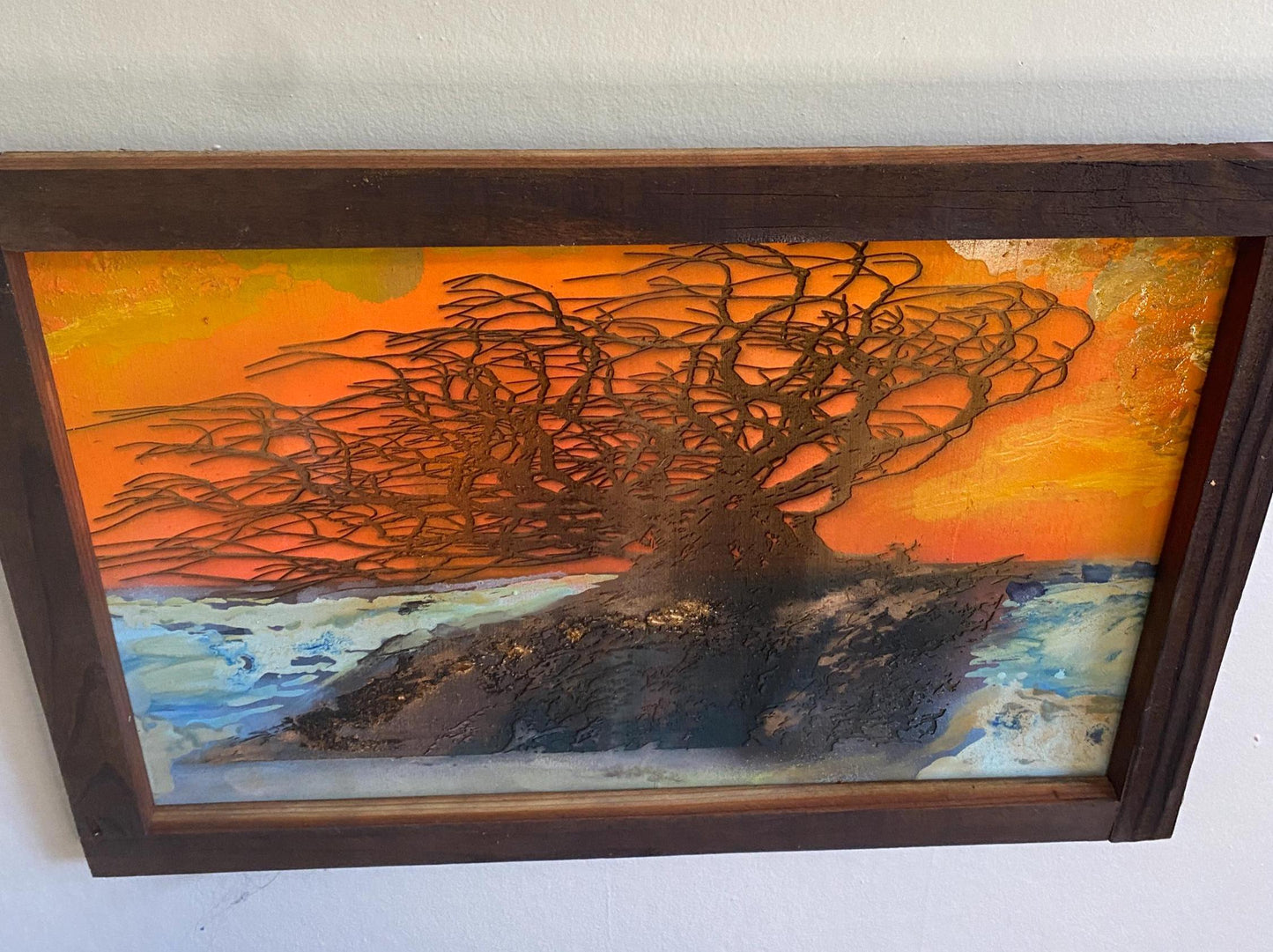 Coastal Tree Burned onto an Upcycled Painted Wood Backing within a Handcrafted Wood Frame, Fiery sunset colors, beach 25 in. W x 17.5 in. H FREE SHIPPING