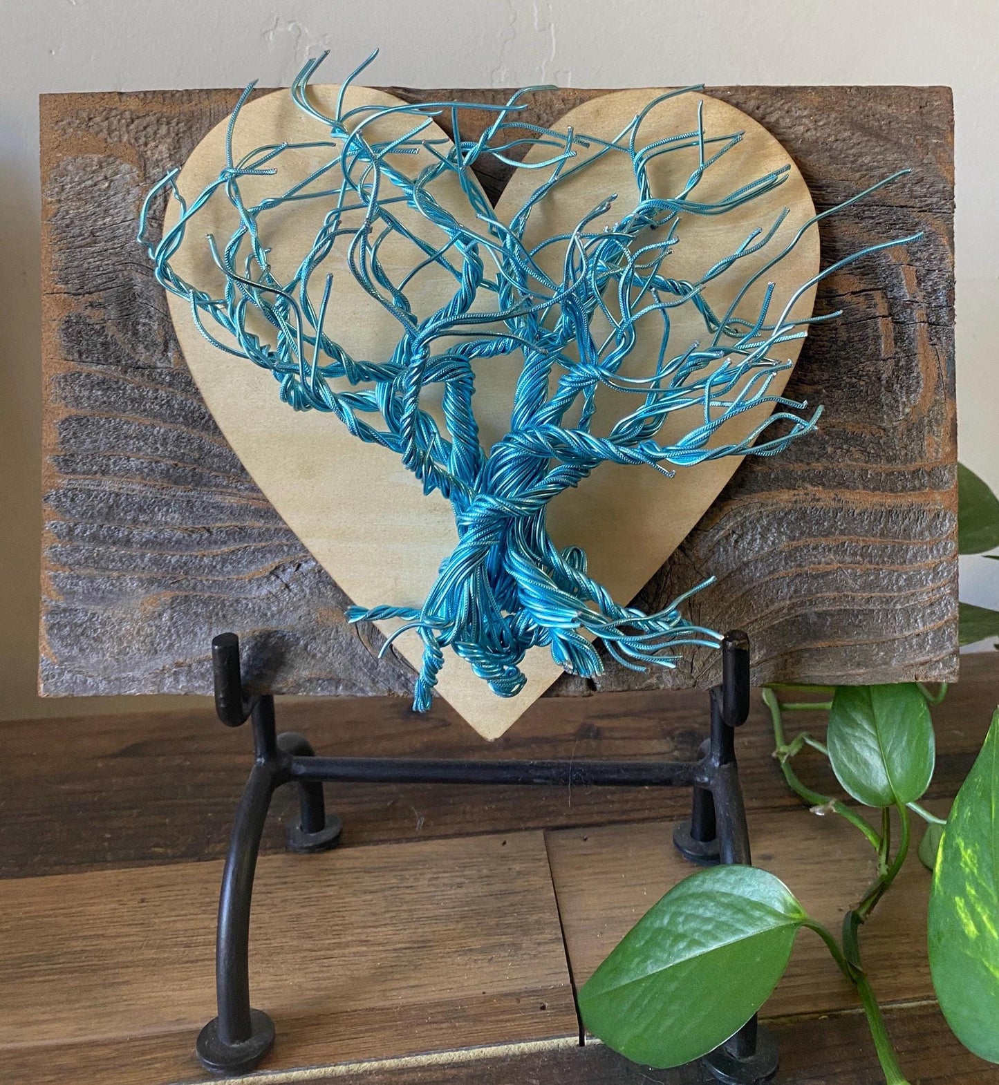 Abstract Metal Sculpture Wall Art Industrial Whimsical Wire Mounted on Stained Distressed Wooden Backing (stand not included) FREE SHIPPING