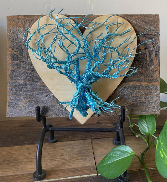 Abstract Metal Sculpture Wall Art Industrial Whimsical Wire Mounted on Stained Distressed Wooden Backing (stand not included) FREE SHIPPING