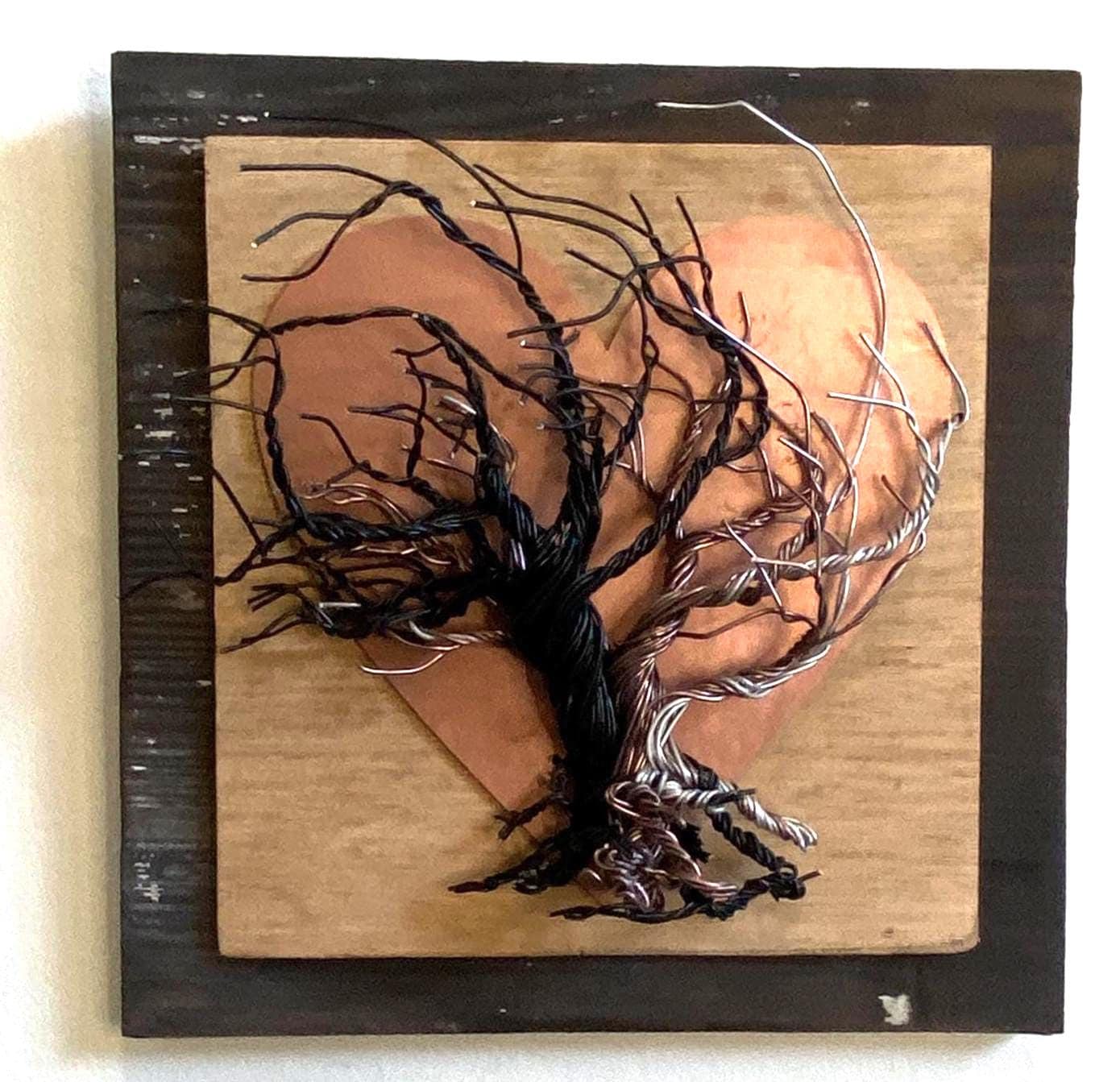 Mixed Wire Wall Tree Art on Upcycled Wood and Mounted on Stained Distressed Wooden Backing - Copper Painted Heart - (stand not included) FREE SHIPPING