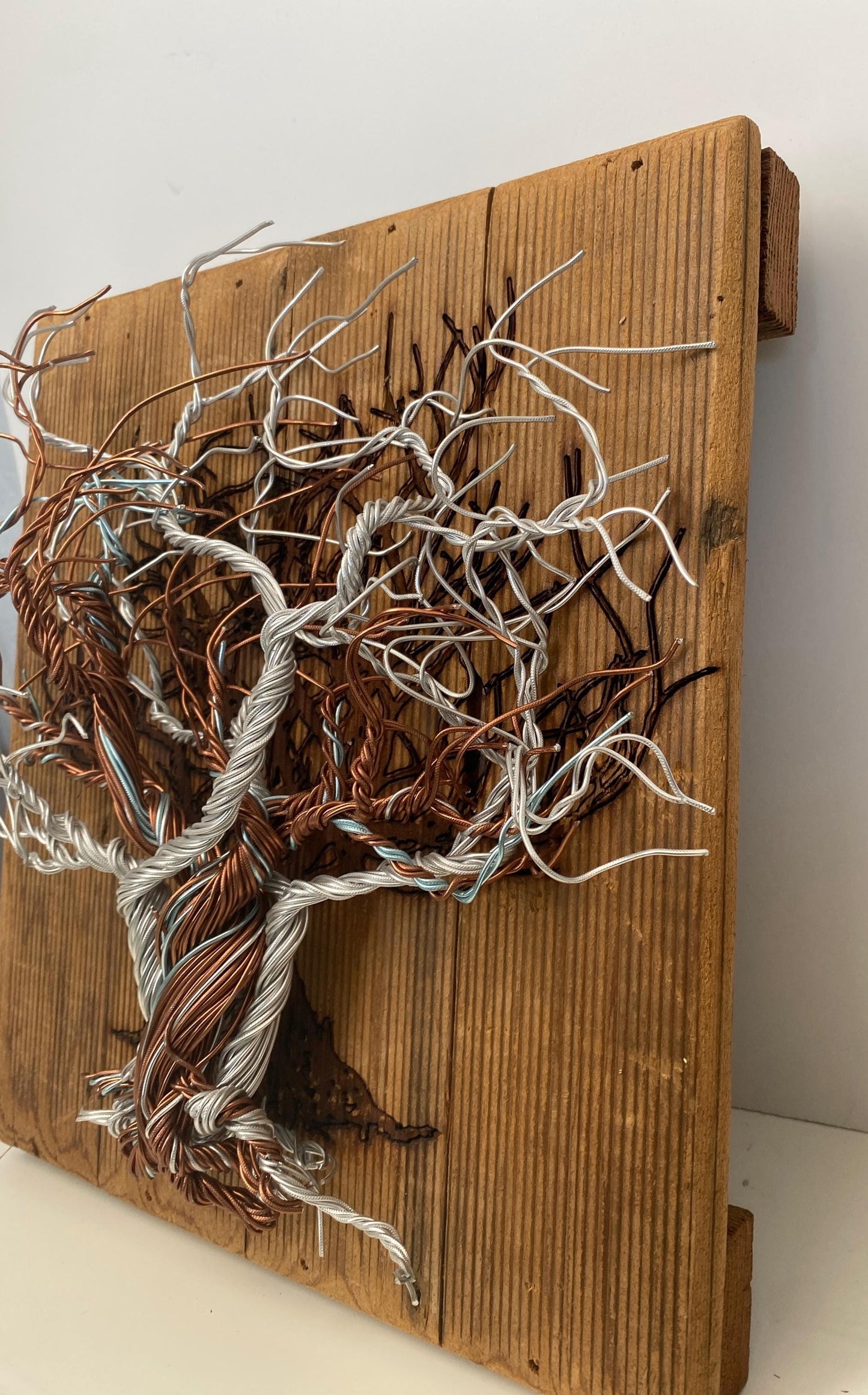 Mixed Wire Wall Tree Art on Upcycled Stained Wood Backing - Silver / Copper Tones (stand not included) FREE SHIPPING