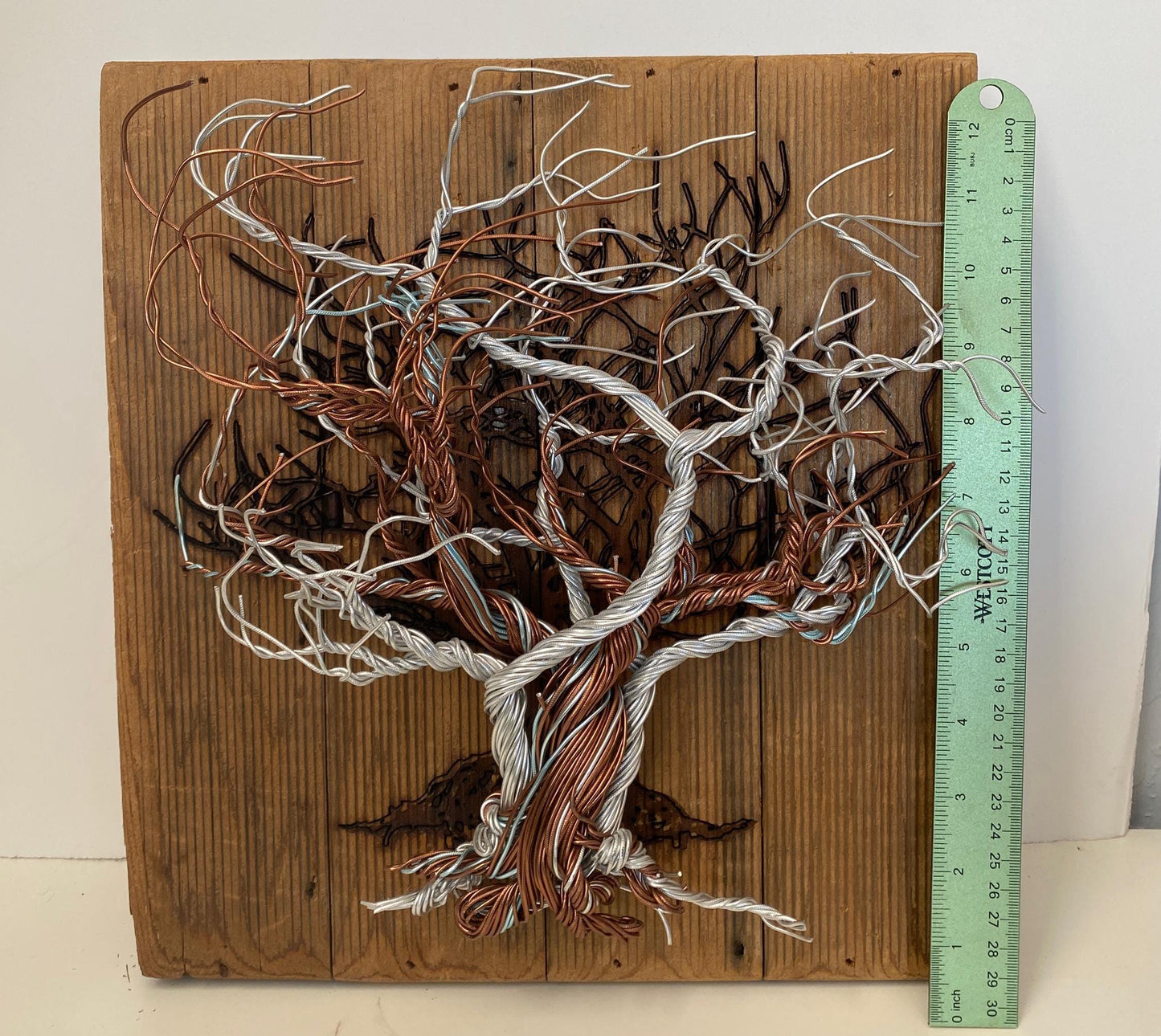 Mixed Wire Wall Tree Art on Upcycled Stained Wood Backing - Silver / Copper Tones (stand not included) FREE SHIPPING