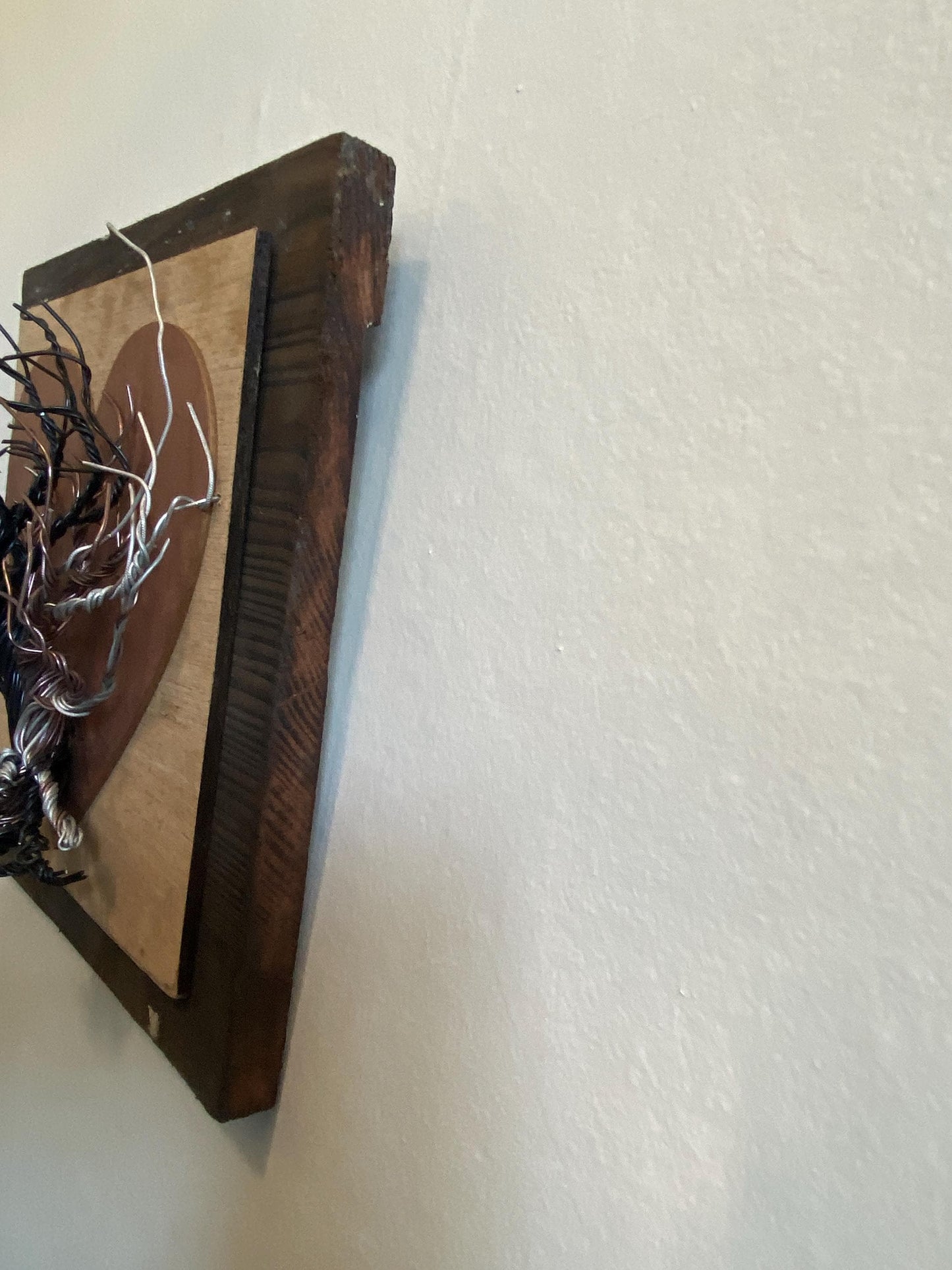 Mixed Wire Wall Tree Art on Upcycled Wood and Mounted on Stained Distressed Wooden Backing - Copper Painted Heart - (stand not included) FREE SHIPPING