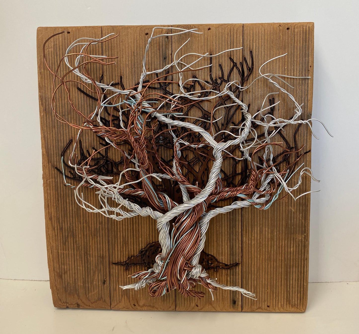 Mixed Wire Wall Tree Art on Upcycled Stained Wood Backing - Silver / Copper Tones (stand not included) FREE SHIPPING