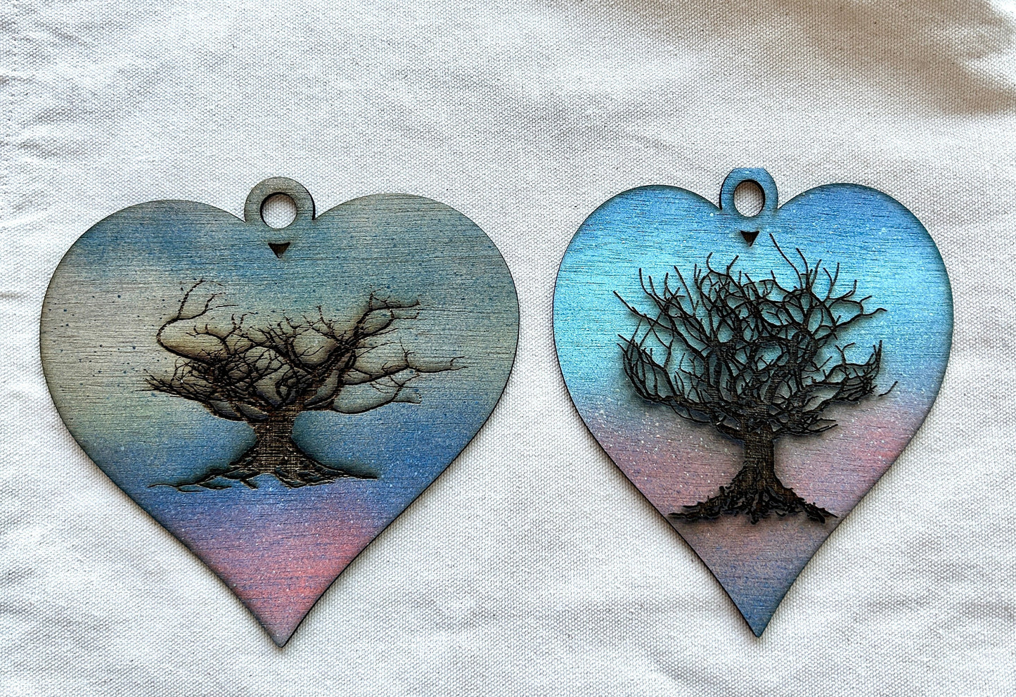 Set of two Heart Shaped Natural Wood Burned Hand Painted Tree Ornament - Rustic Woodland Decoration