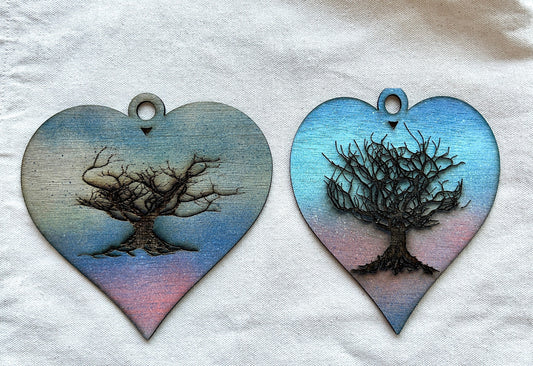 Set of two Heart Shaped Natural Wood Burned Hand Painted Tree Ornament - Rustic Woodland Decoration