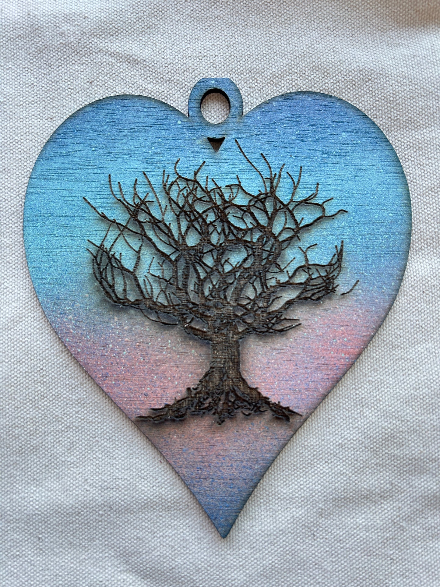 Set of two Heart Shaped Natural Wood Burned Hand Painted Tree Ornament - Rustic Woodland Decoration