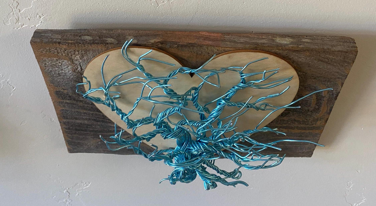 Abstract Metal Sculpture Wall Art Industrial Whimsical Wire Mounted on Stained Distressed Wooden Backing (stand not included) FREE SHIPPING