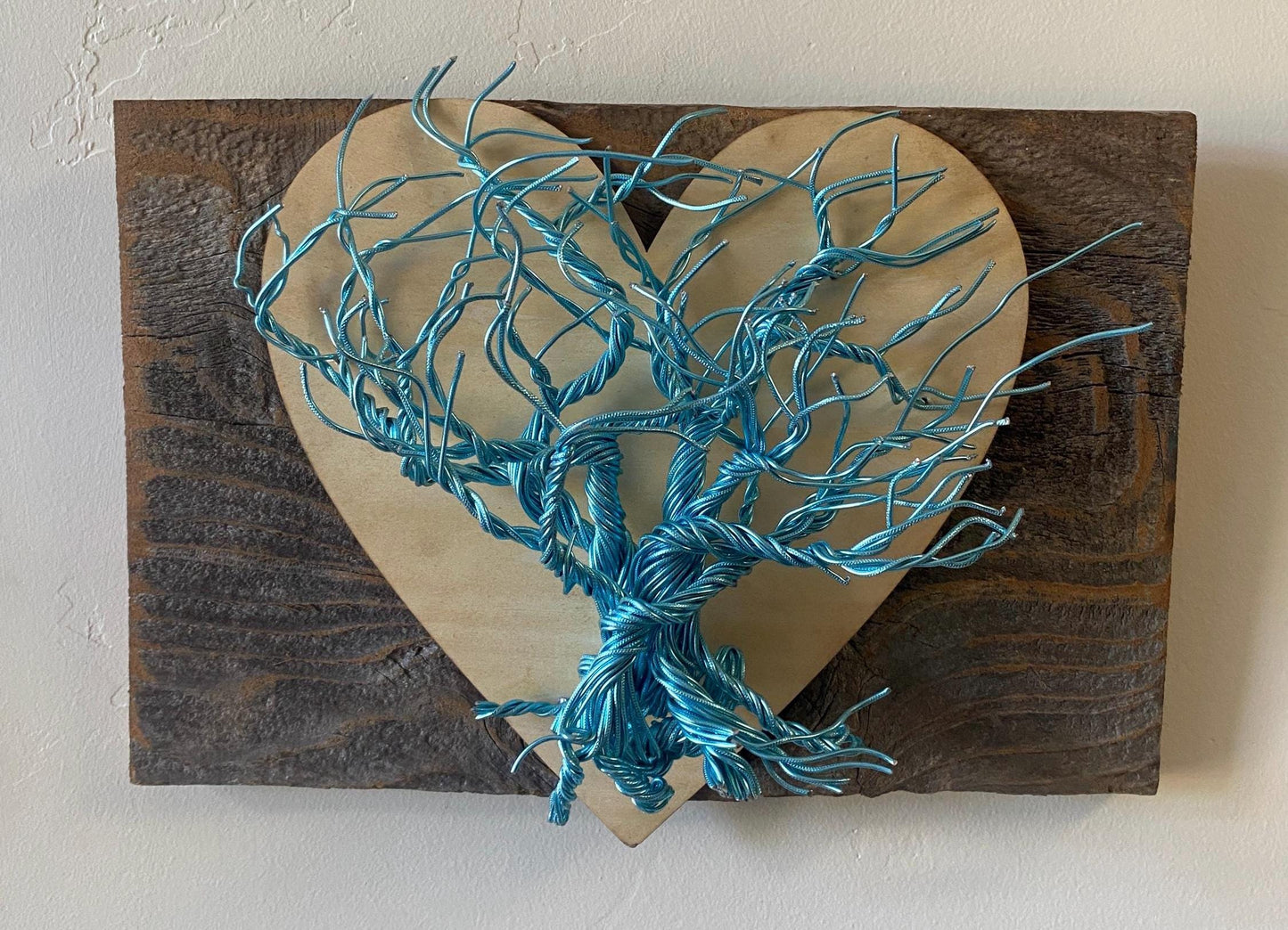 Abstract Metal Sculpture Wall Art Industrial Whimsical Wire Mounted on Stained Distressed Wooden Backing (stand not included) FREE SHIPPING