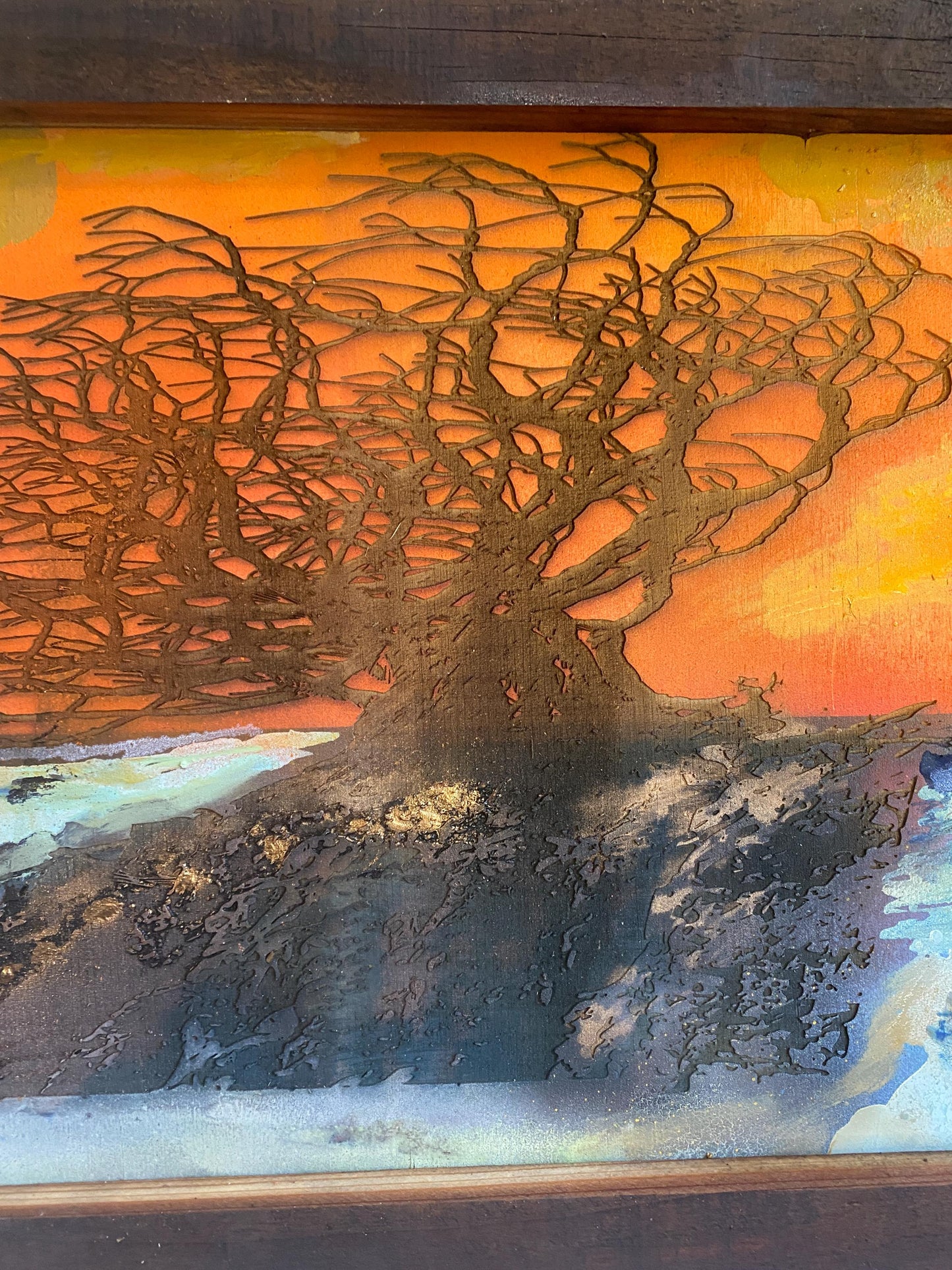 Coastal Tree Burned onto an Upcycled Painted Wood Backing within a Handcrafted Wood Frame, Fiery sunset colors, beach 25 in. W x 17.5 in. H FREE SHIPPING