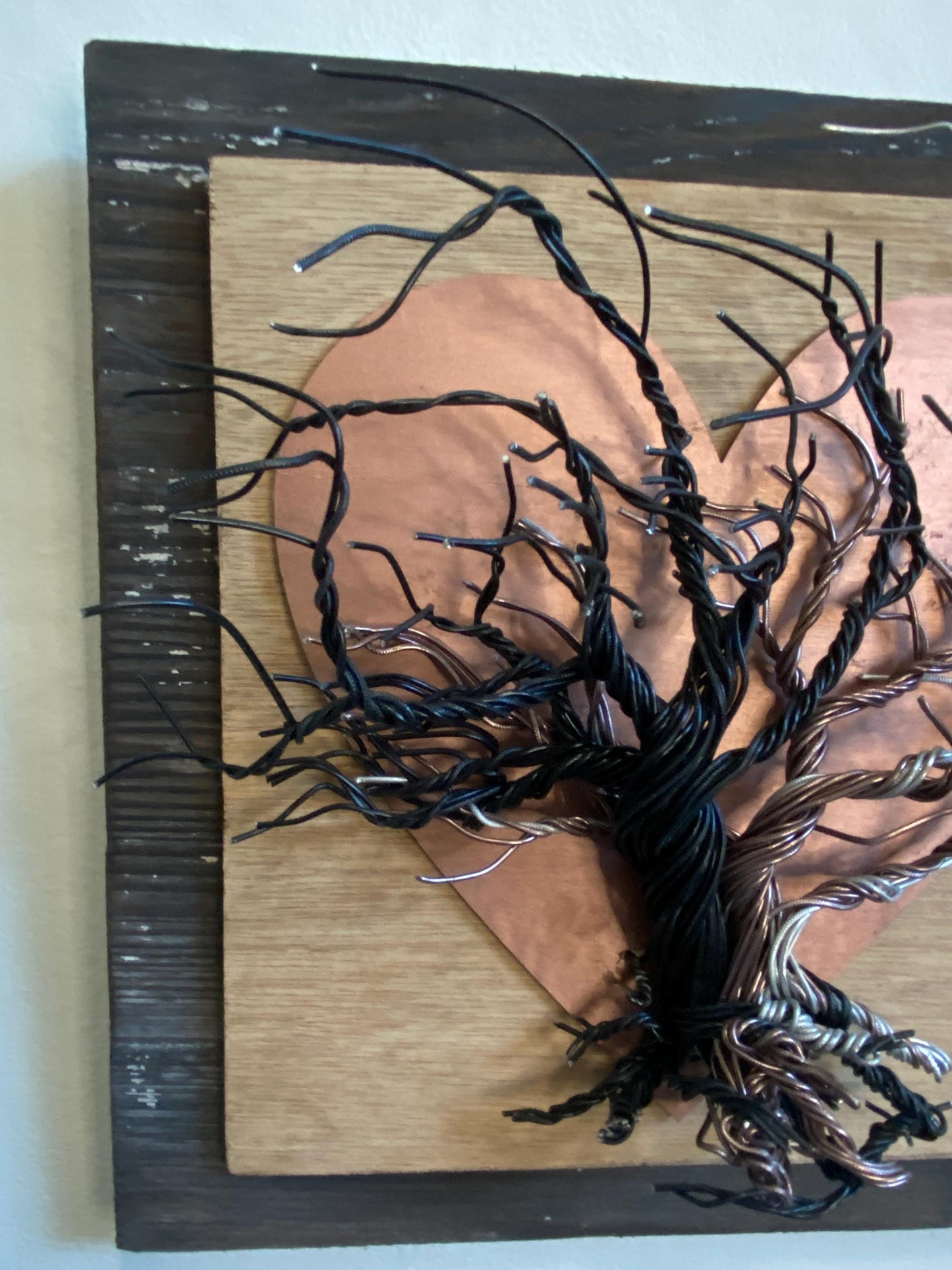 Mixed Wire Wall Tree Art on Upcycled Wood and Mounted on Stained Distressed Wooden Backing - Copper Painted Heart - (stand not included) FREE SHIPPING
