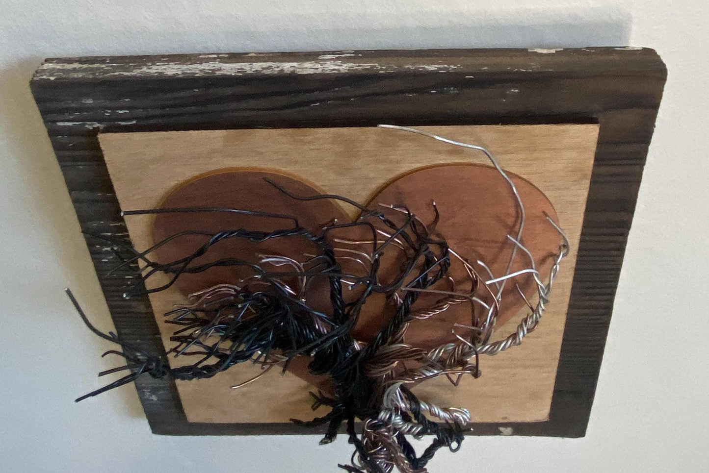 Mixed Wire Wall Tree Art on Upcycled Wood and Mounted on Stained Distressed Wooden Backing - Copper Painted Heart - (stand not included) FREE SHIPPING