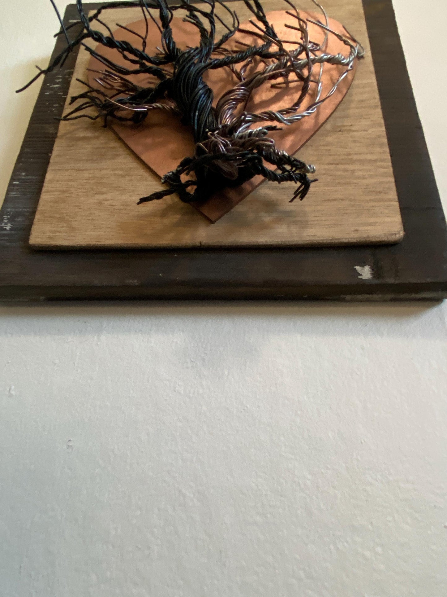 Mixed Wire Wall Tree Art on Upcycled Wood and Mounted on Stained Distressed Wooden Backing - Copper Painted Heart - (stand not included) FREE SHIPPING