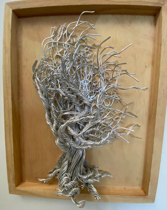 Mixed Wire Wall Tree Art on Wooden Backing/Frame - Silver Light Wood Tones FREE SHIPPING