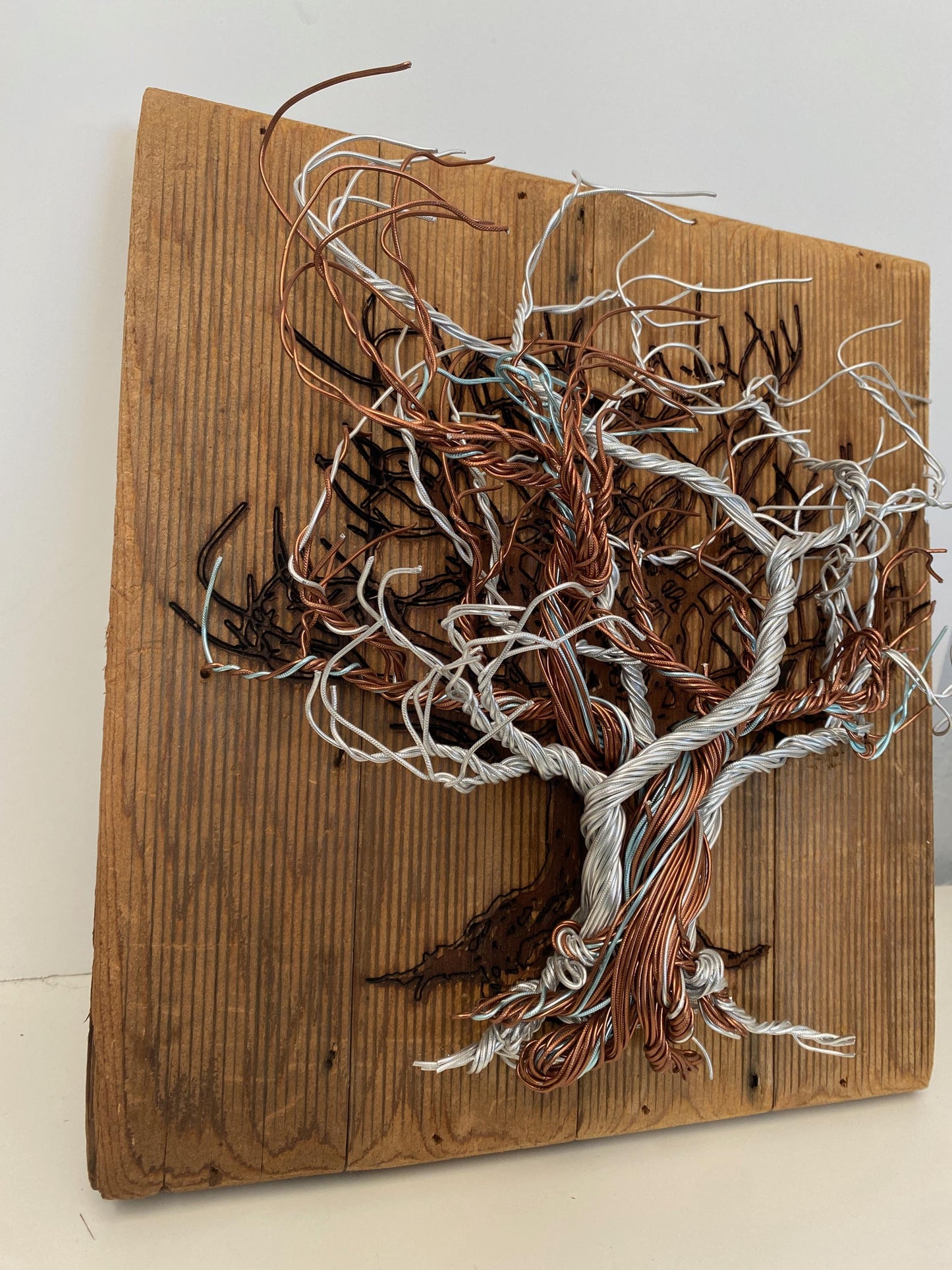 Mixed Wire Wall Tree Art on Upcycled Stained Wood Backing - Silver / Copper Tones (stand not included) FREE SHIPPING