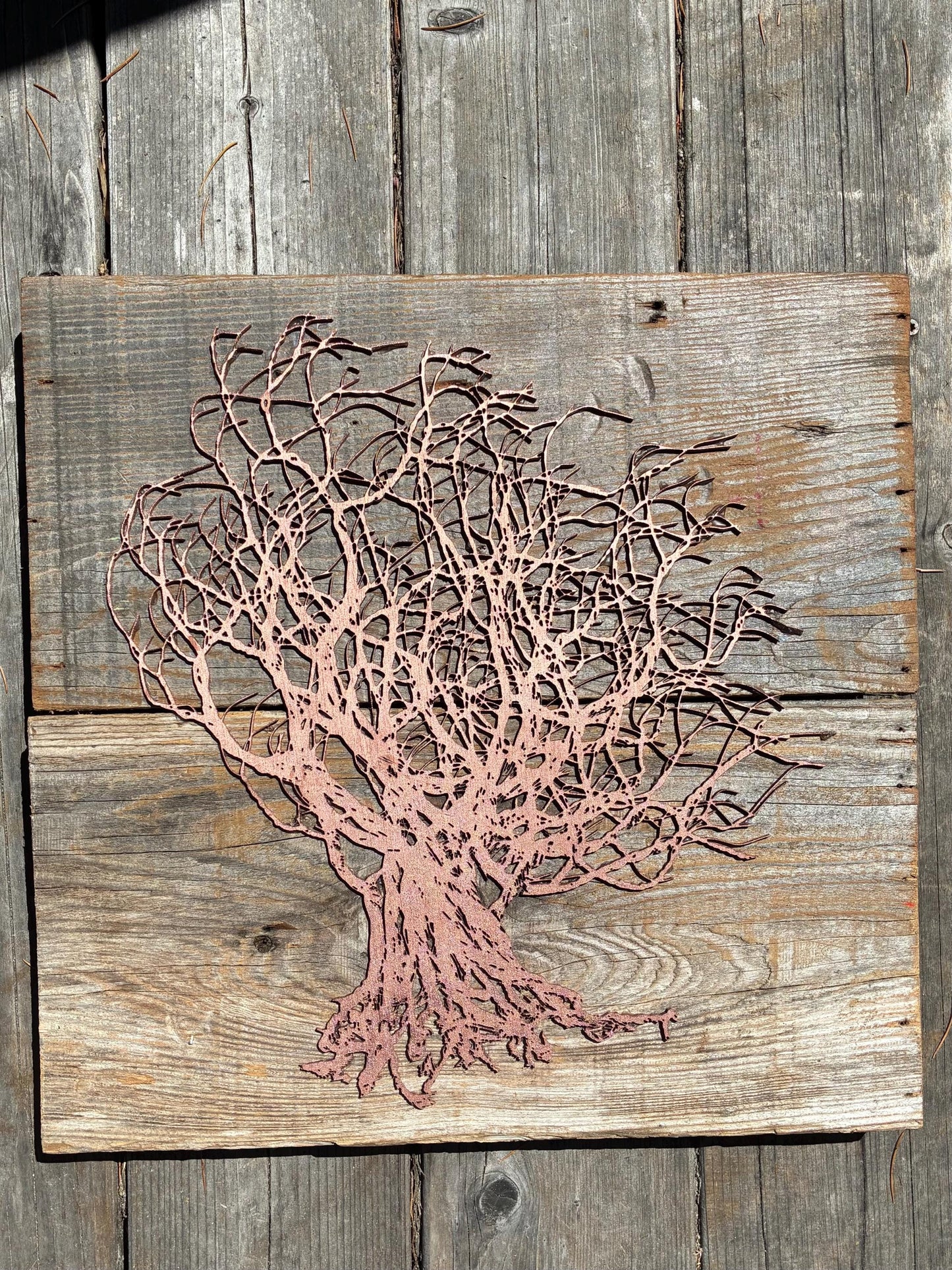 Wall Copper Color Tree Art on Wooden Backing - Light Wood Tones FREE SHIPPING