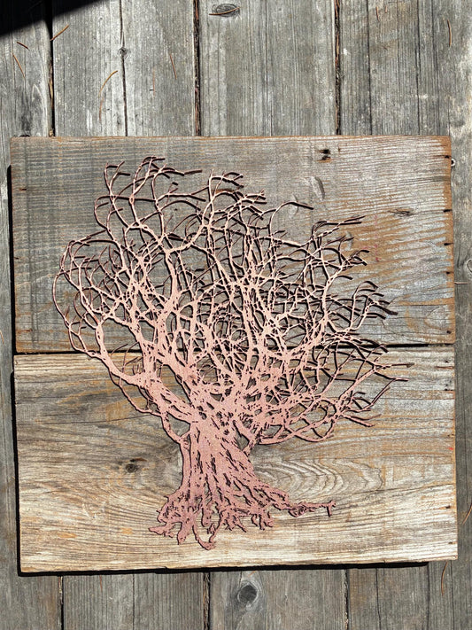 Wall Copper Color Tree Art on Wooden Backing - Light Wood Tones FREE SHIPPING