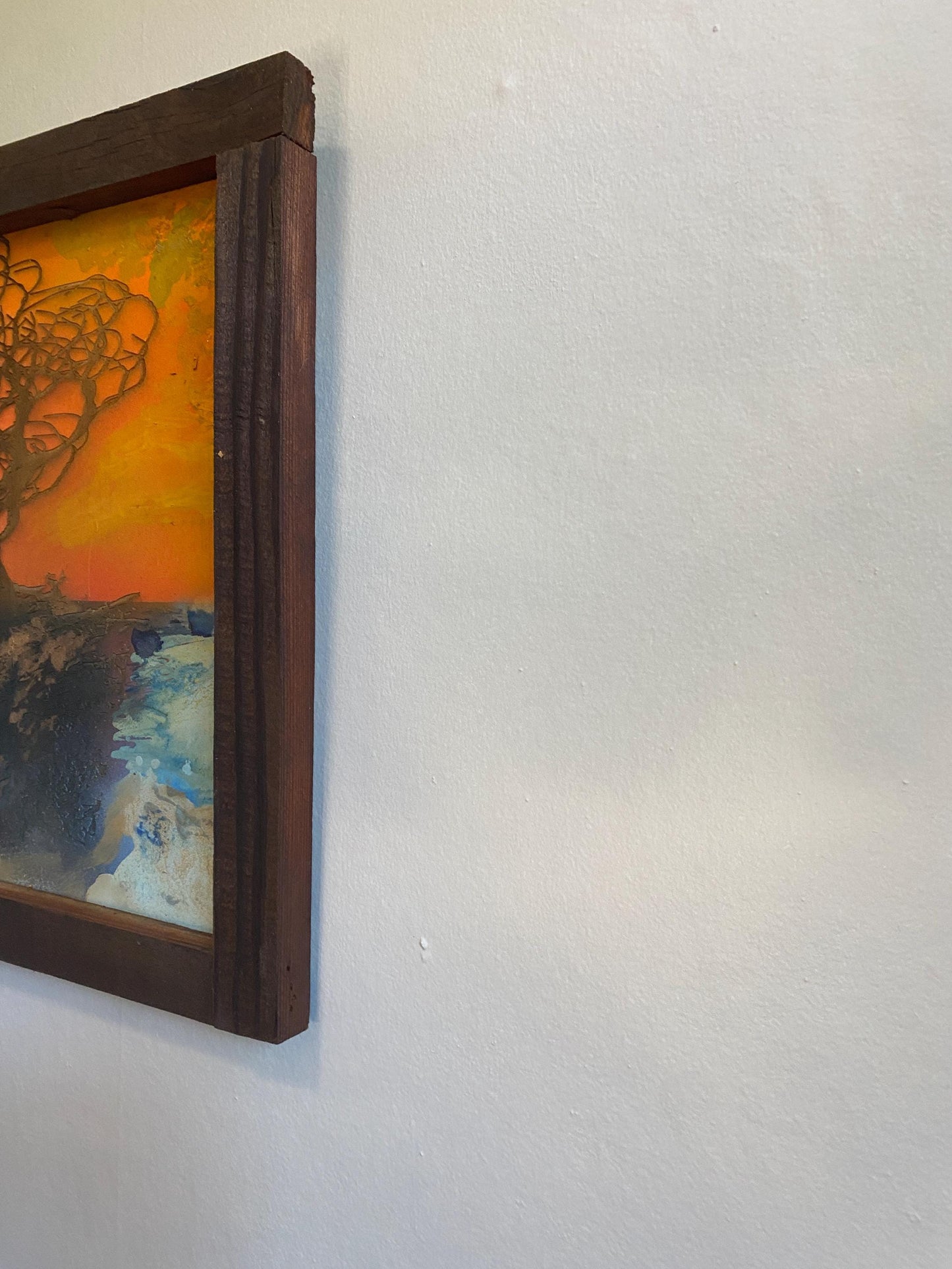 Coastal Tree Burned onto an Upcycled Painted Wood Backing within a Handcrafted Wood Frame, Fiery sunset colors, beach 25 in. W x 17.5 in. H FREE SHIPPING