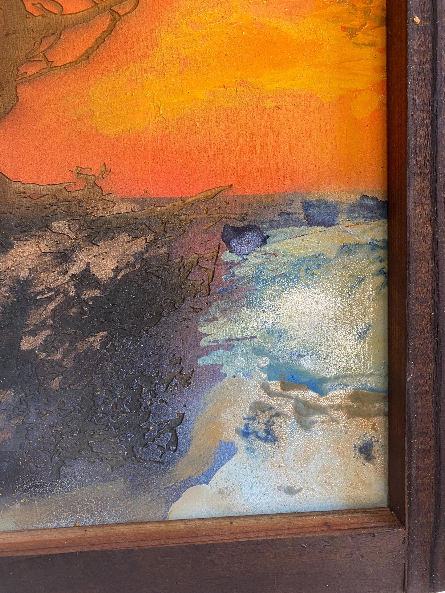 Coastal Tree Burned onto an Upcycled Painted Wood Backing within a Handcrafted Wood Frame, Fiery sunset colors, beach 25 in. W x 17.5 in. H FREE SHIPPING
