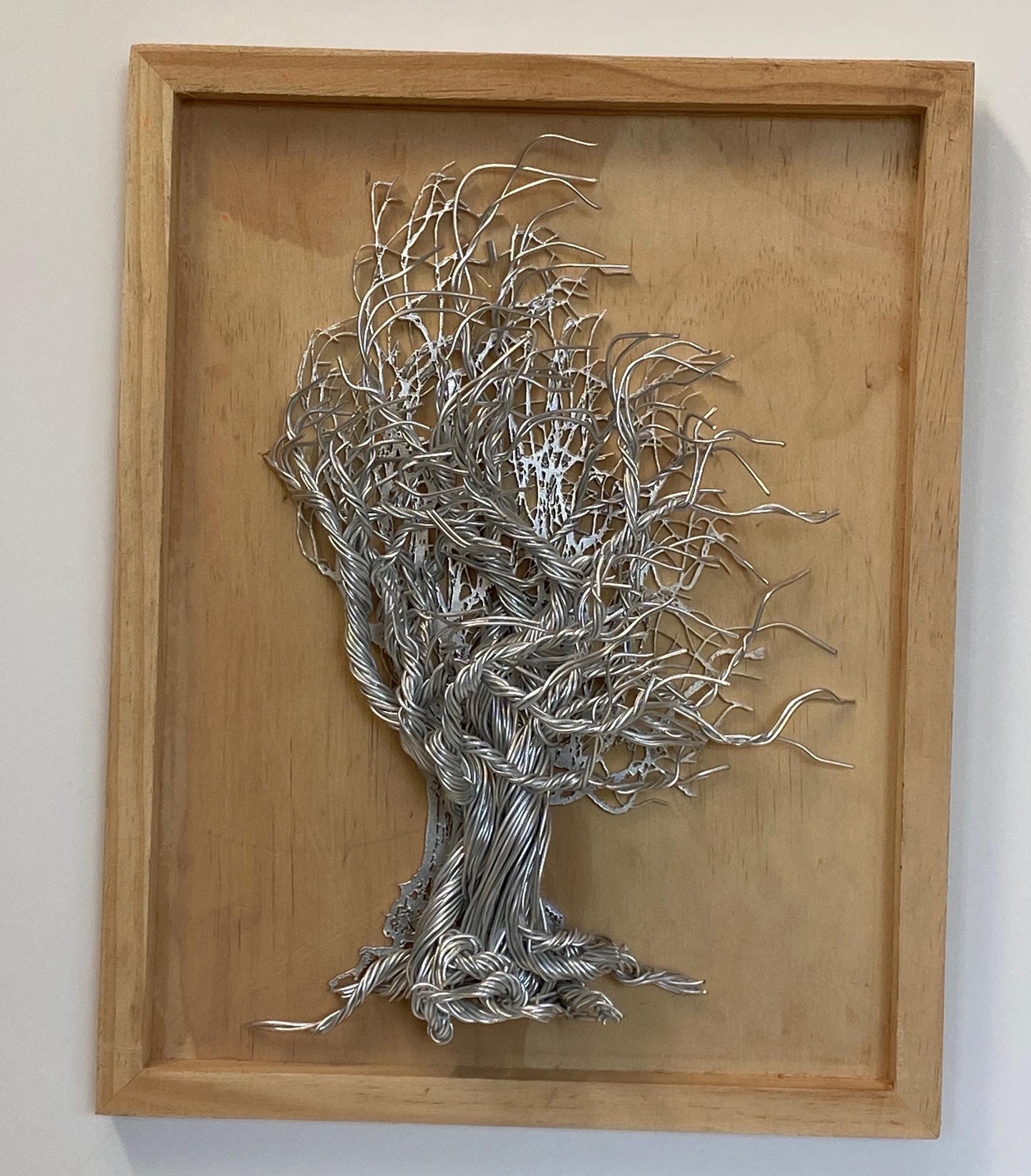 Mixed Wire Wall Tree Art on Wooden Backing/Frame - Silver Light Wood Tones FREE SHIPPING