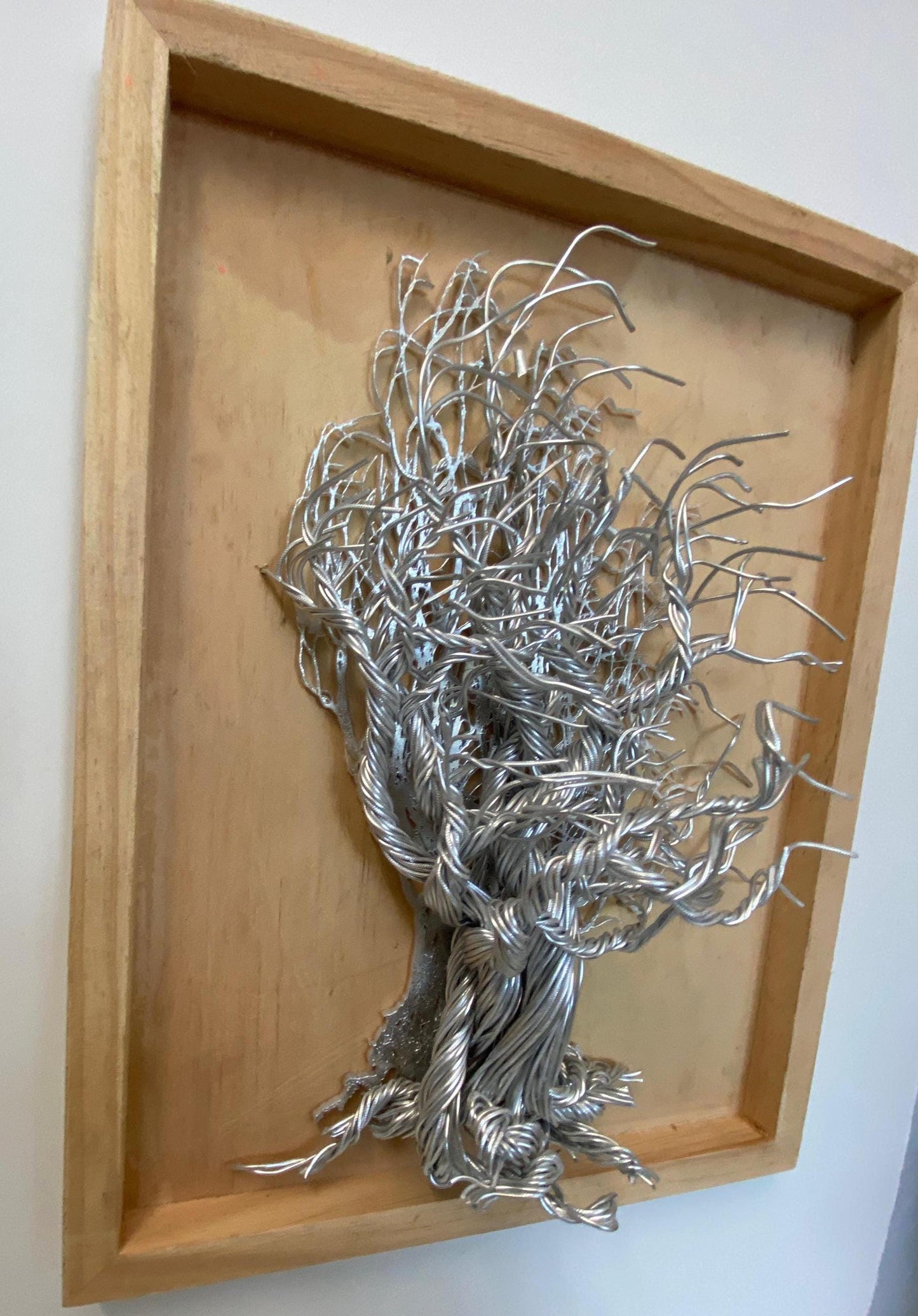 Mixed Wire Wall Tree Art on Wooden Backing/Frame - Silver Light Wood Tones FREE SHIPPING