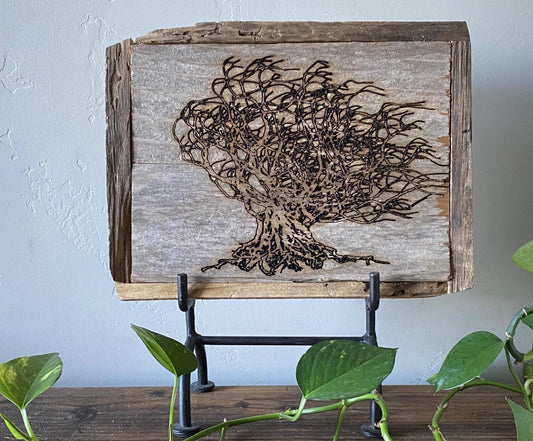 Wall Tree Art Burned Image on Reclaimed Redwood (stand not included) FREE SHIPPING