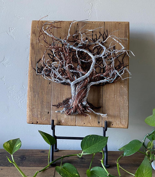 Mixed Wire Wall Tree Art on Upcycled Stained Wood Backing - Silver / Copper Tones (stand not included) FREE SHIPPING