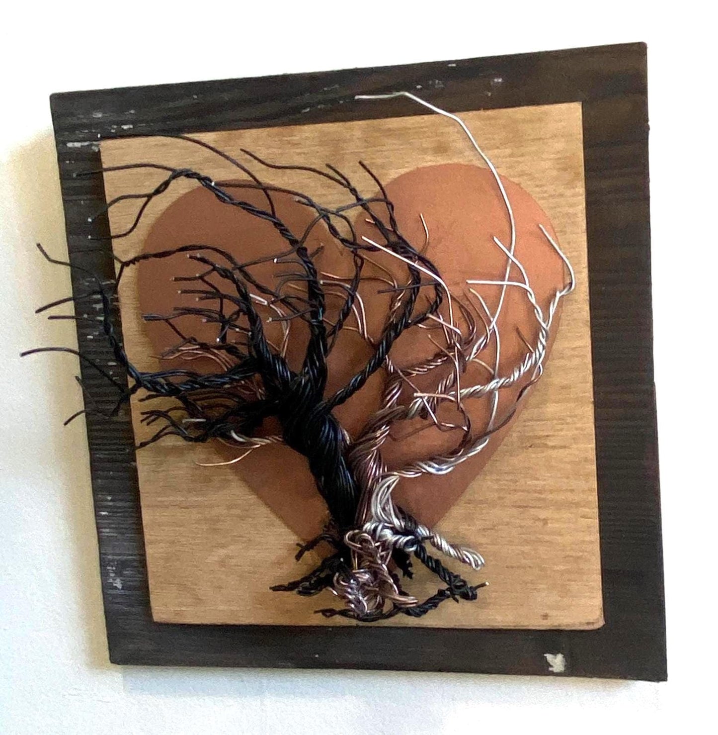 Mixed Wire Wall Tree Art on Upcycled Wood and Mounted on Stained Distressed Wooden Backing - Copper Painted Heart - (stand not included) FREE SHIPPING