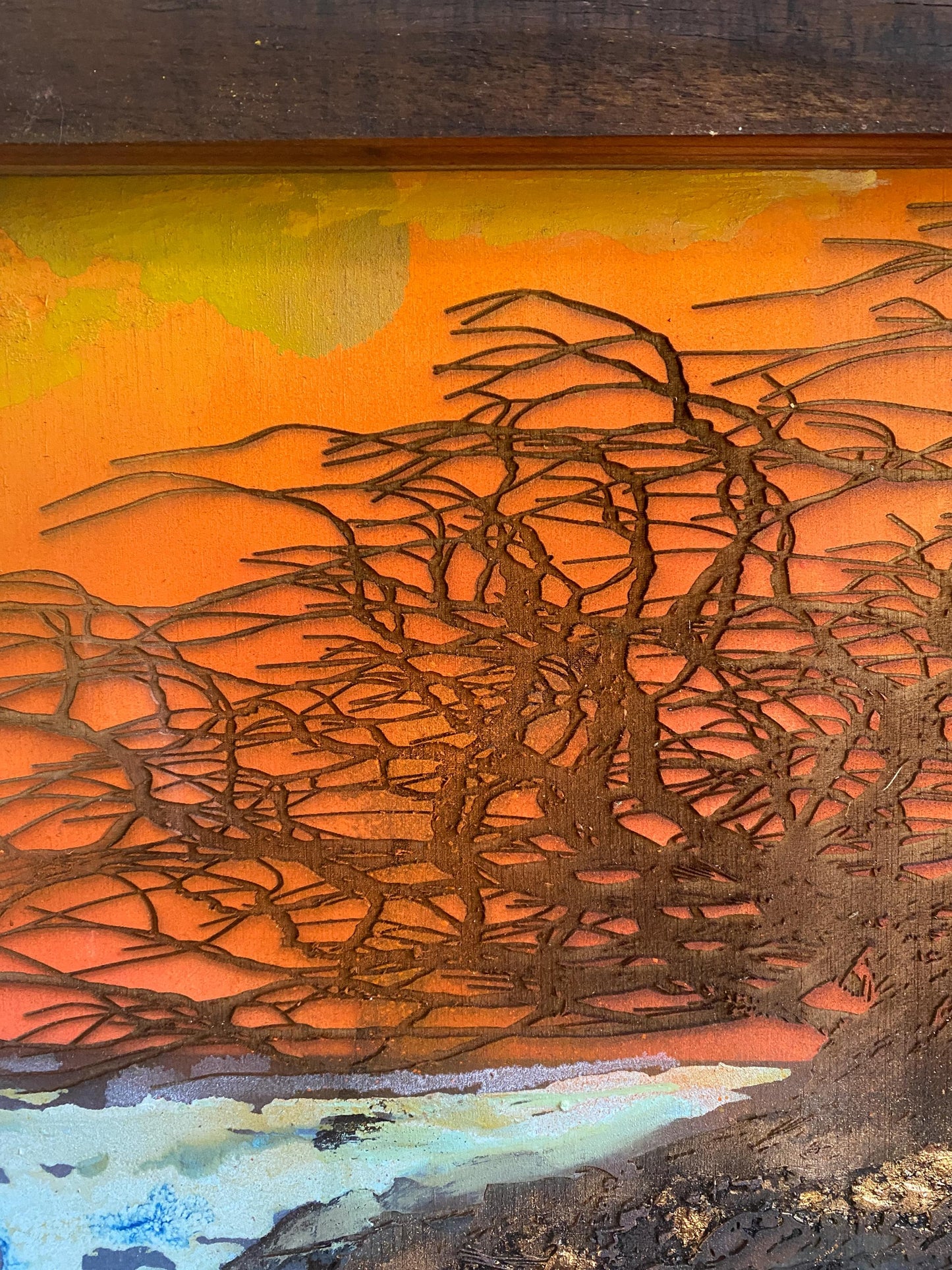 Coastal Tree Burned onto an Upcycled Painted Wood Backing within a Handcrafted Wood Frame, Fiery sunset colors, beach 25 in. W x 17.5 in. H FREE SHIPPING