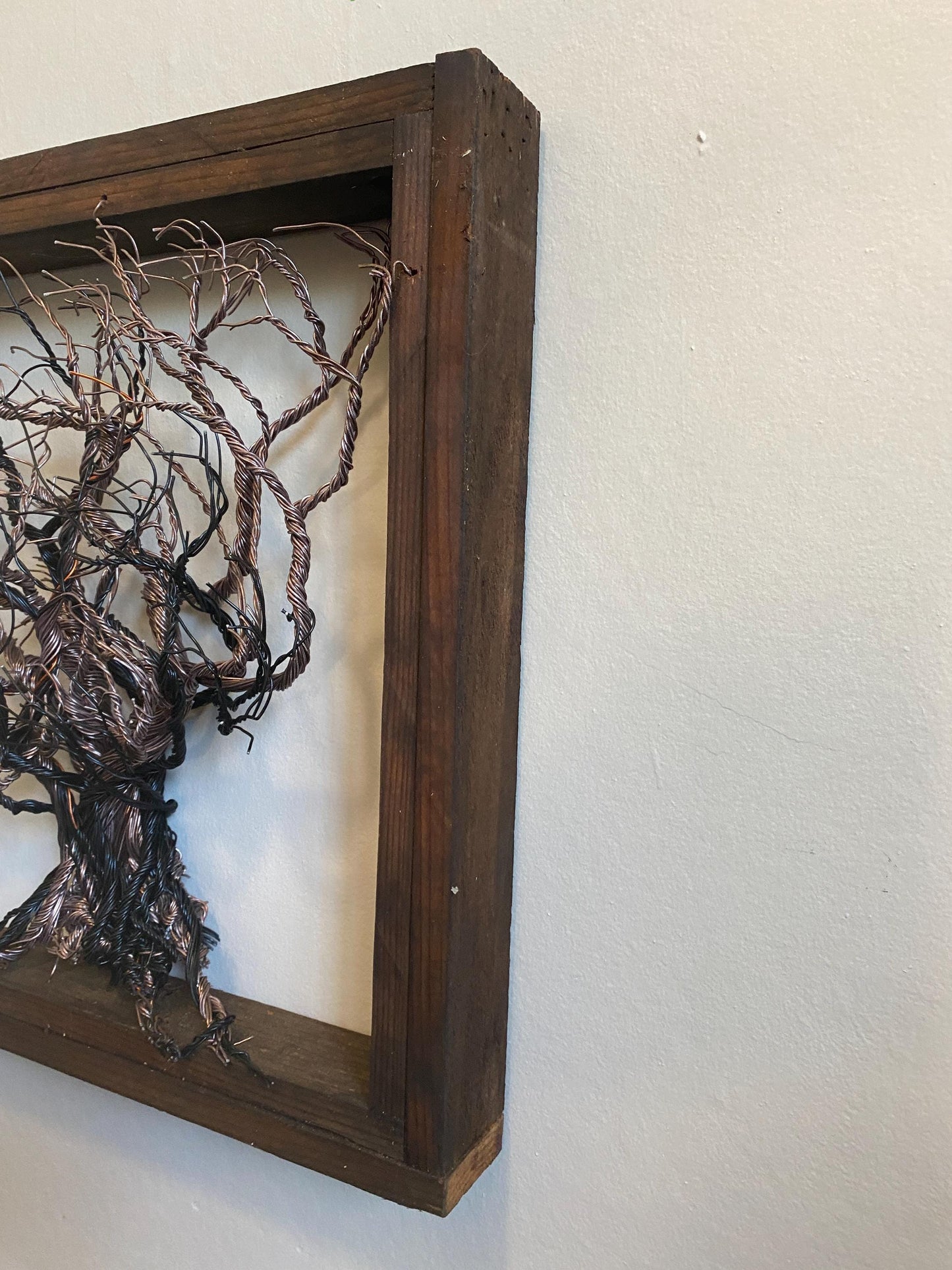 Mixed Wire Wall Tree Art Mounted on an Upcycled Stained Wood Frame - Black / Copper Tones 21.5 in W x 20.5 in FREE SHIPPING