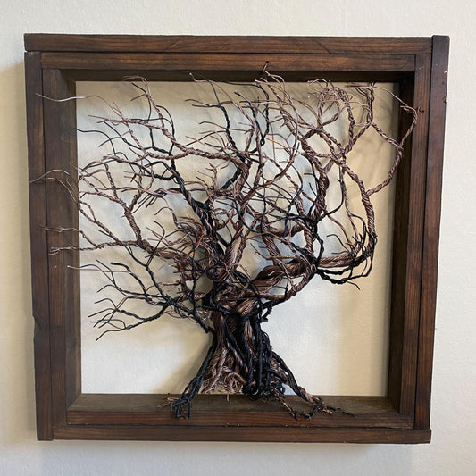 Mixed Wire Wall Tree Art Mounted on an Upcycled Stained Wood Frame - Black / Copper Tones 21.5 in W x 20.5 in FREE SHIPPING